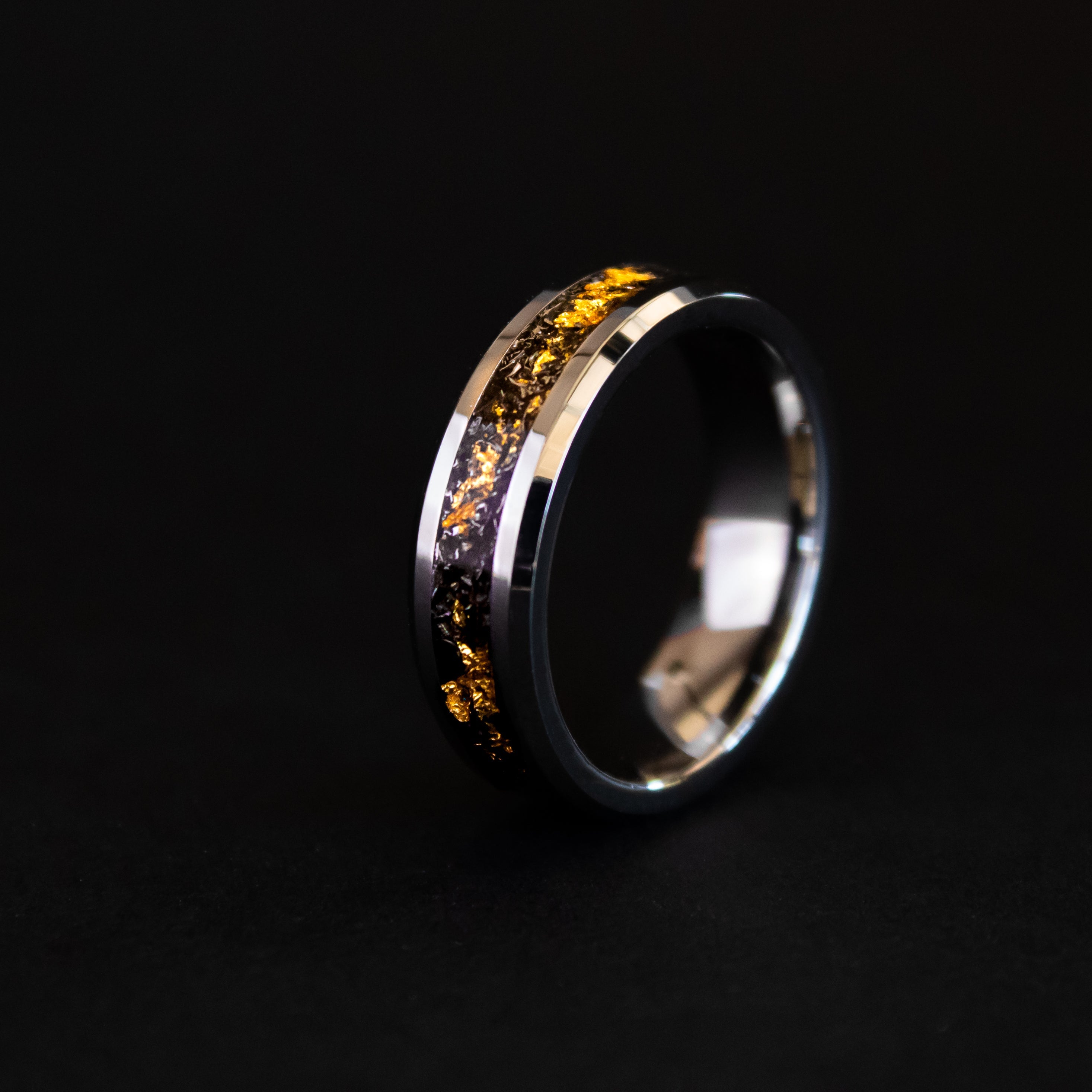 6mm beveled tungsten ring with authentic Campo del Cielo meteorite shavings and real gold metal flake inlay