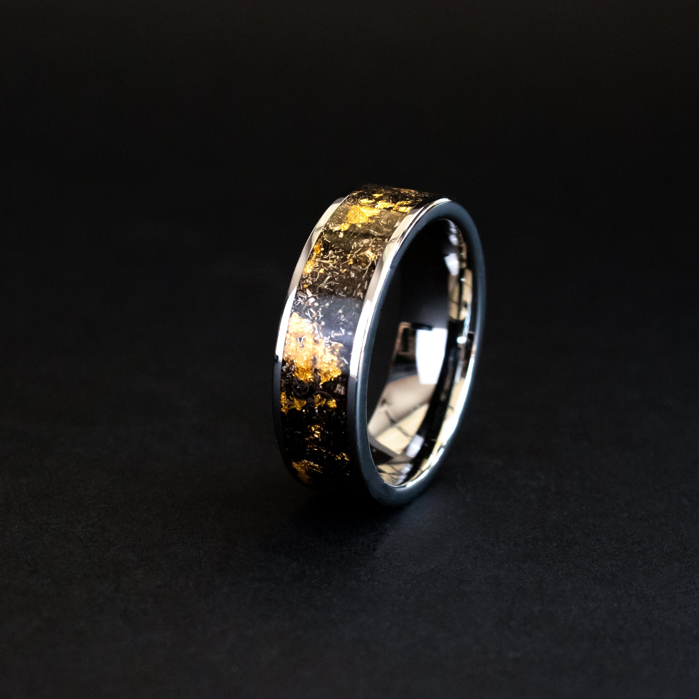 8mm wide channel tungsten ring with authentic Campo del Cielo meteorite shavings and real gold metal flake inlay