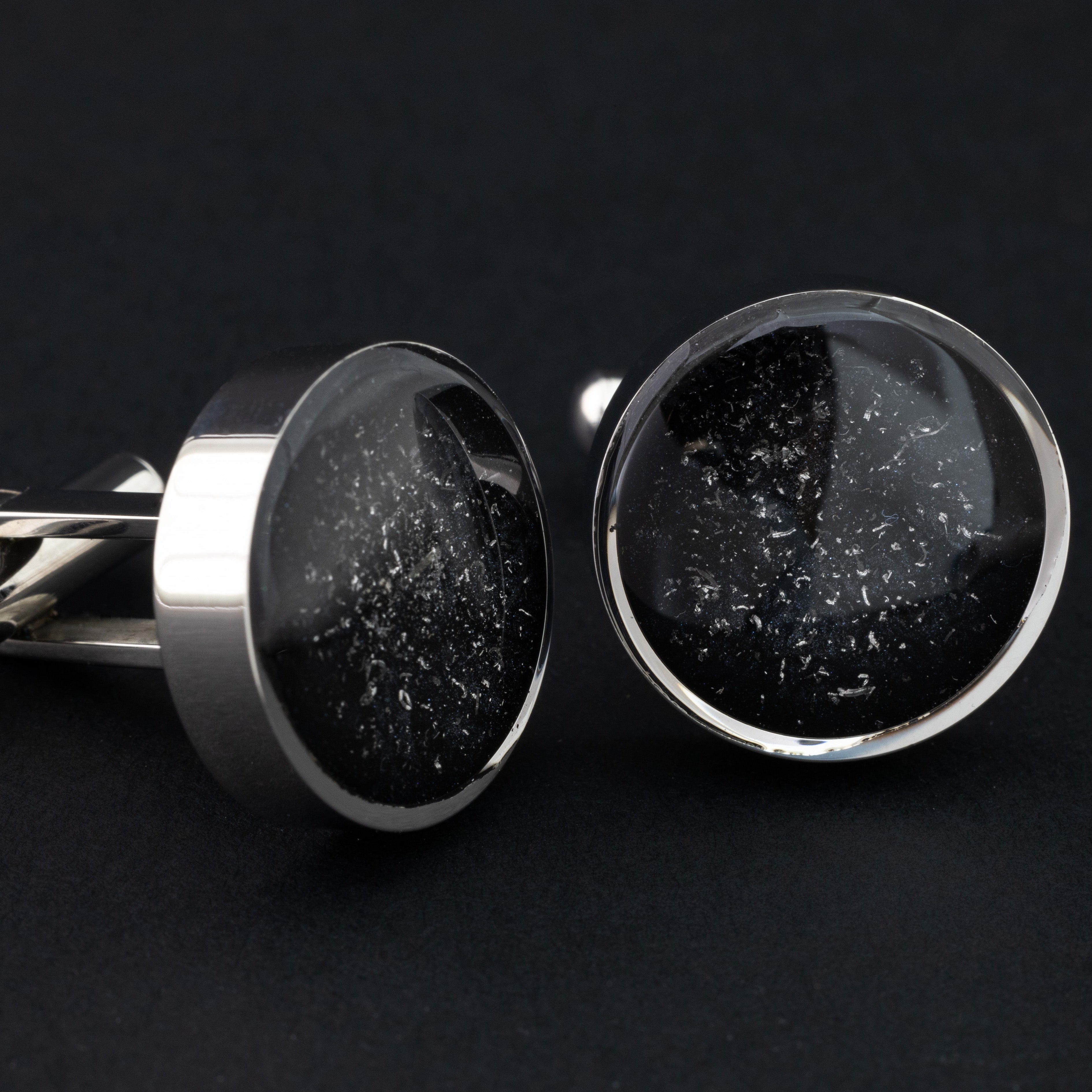 Black Meteorite Cufflinks authentic silver-tone stainless steel mens cufflinks with Campo Del Cielo meteorite and deep black resin inlay