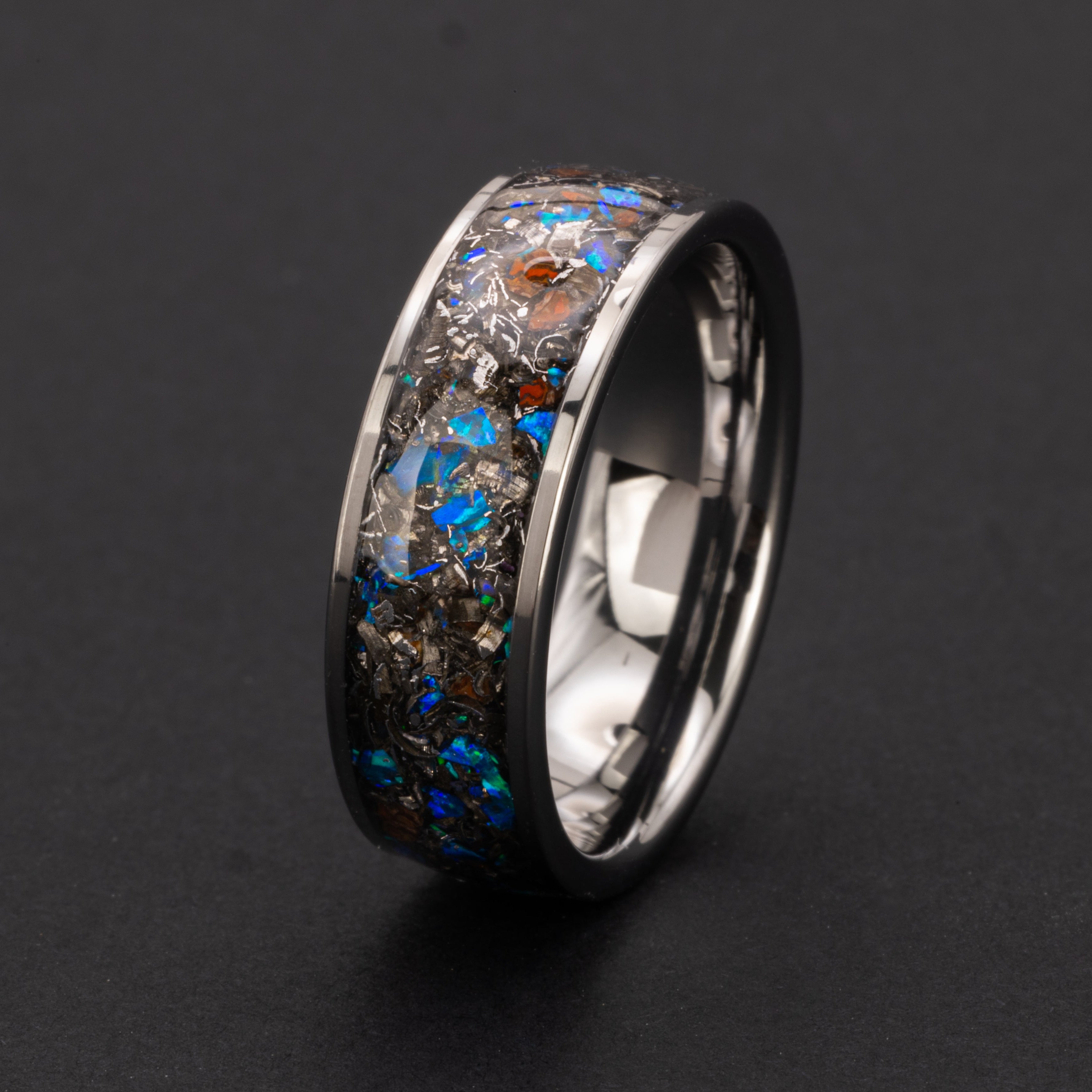 8mm wide channel tungsten ring with authentic Dinosaur Gembone and Campo del Cielo meteorite with blue opal accents