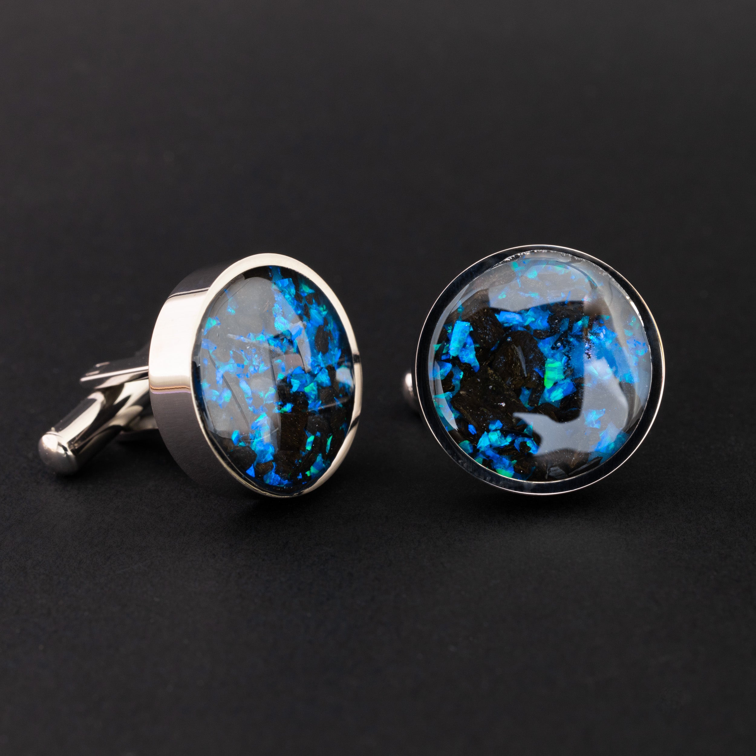 Blue Megalodon Cufflinks authentic silver-tone stainless steel mens cufflinks with real megalodon shark tooth and blue opal inlay