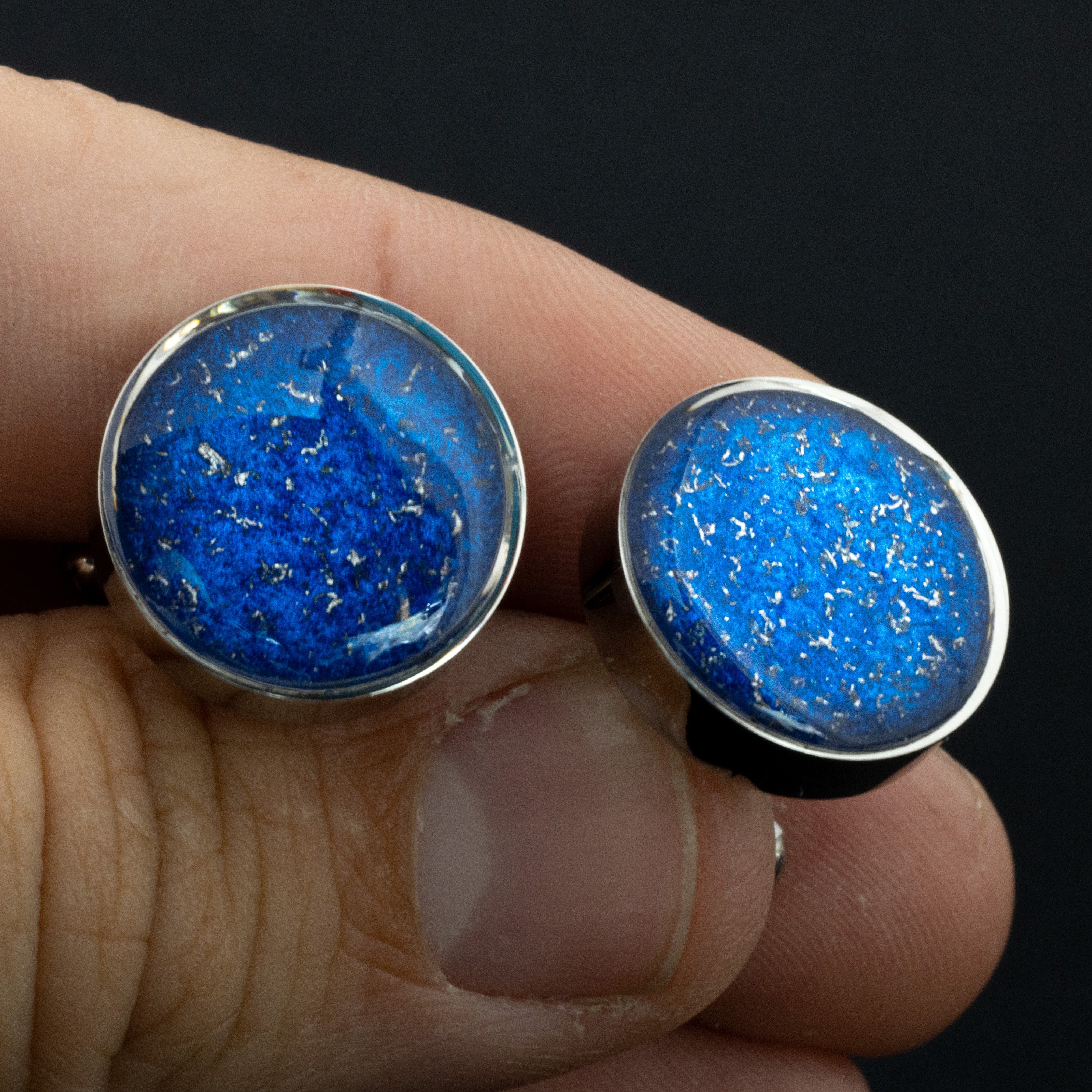 Handcrafted silver-tone stainless steel mens cufflinks with Campo Del Cielo meteorite and deep blue resin inlay, ideal as wedding, groomsmen, or tuxedo cufflinks