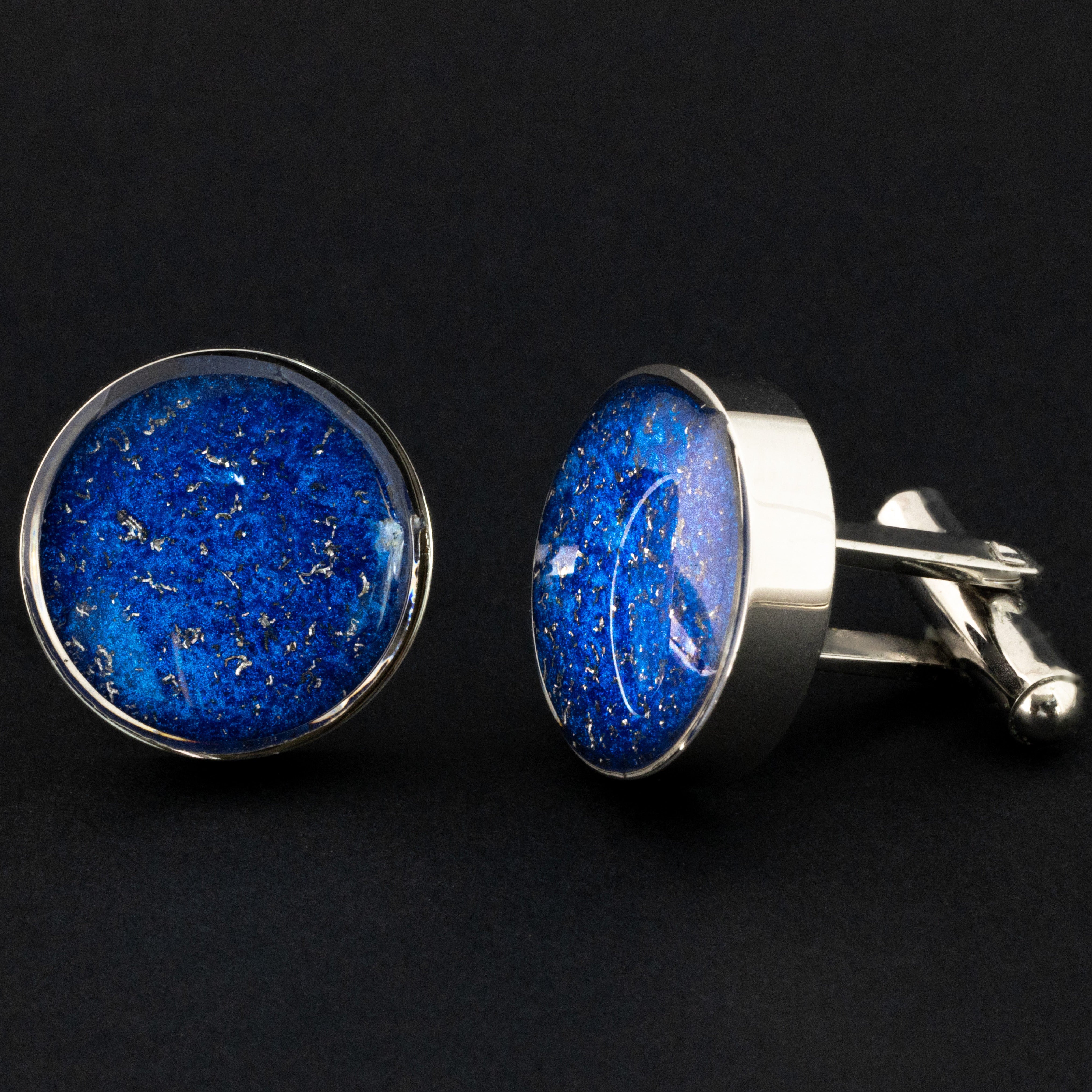Blue Meteorite Cufflinks authentic silver-tone stainless steel mens cufflinks with Campo Del Cielo meteorite and deep cobalt blue resin inlay
