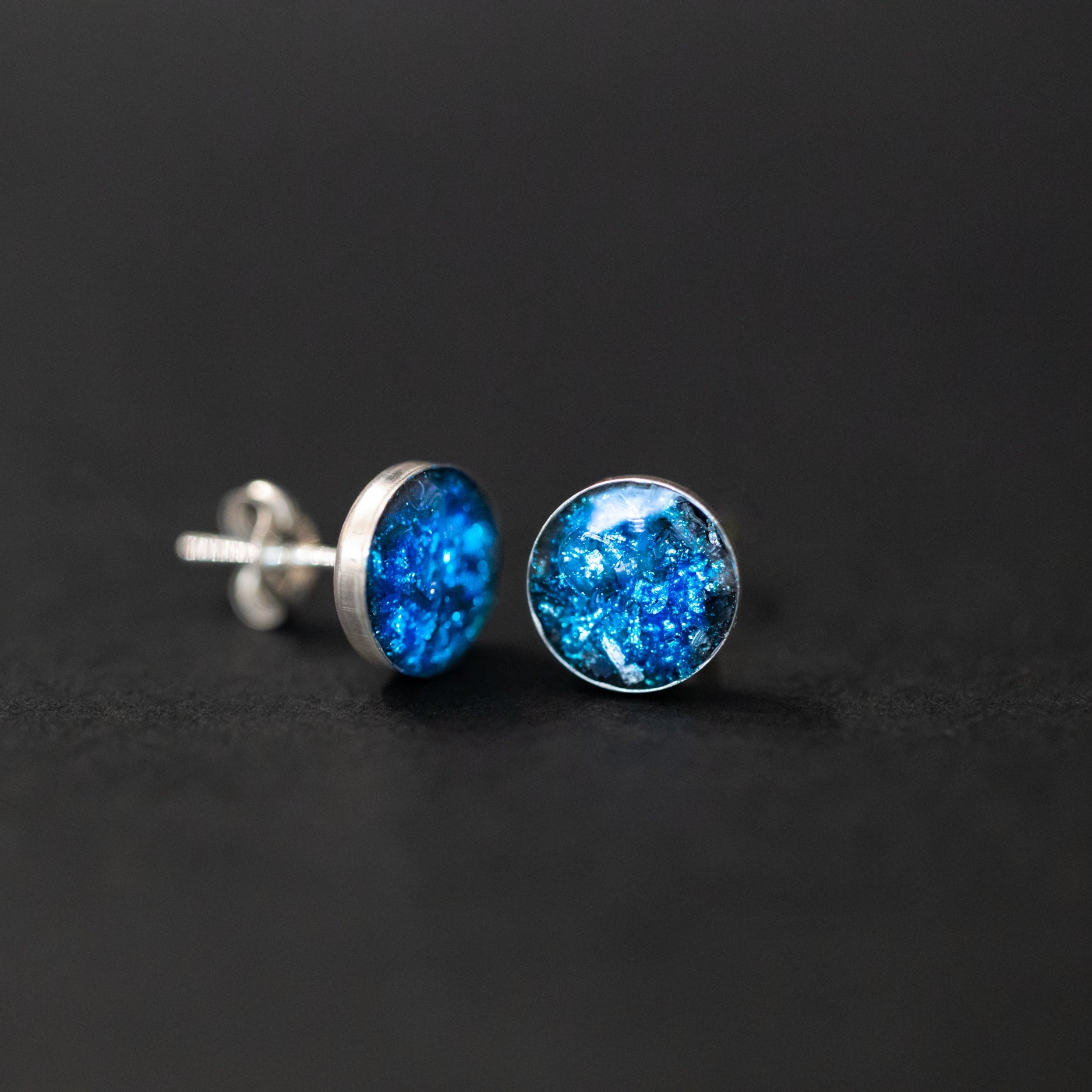 Blue Nova Studs authentic silver stud earrings with Campo Del Cielo meteorite and deep cobalt blue glitter inlay