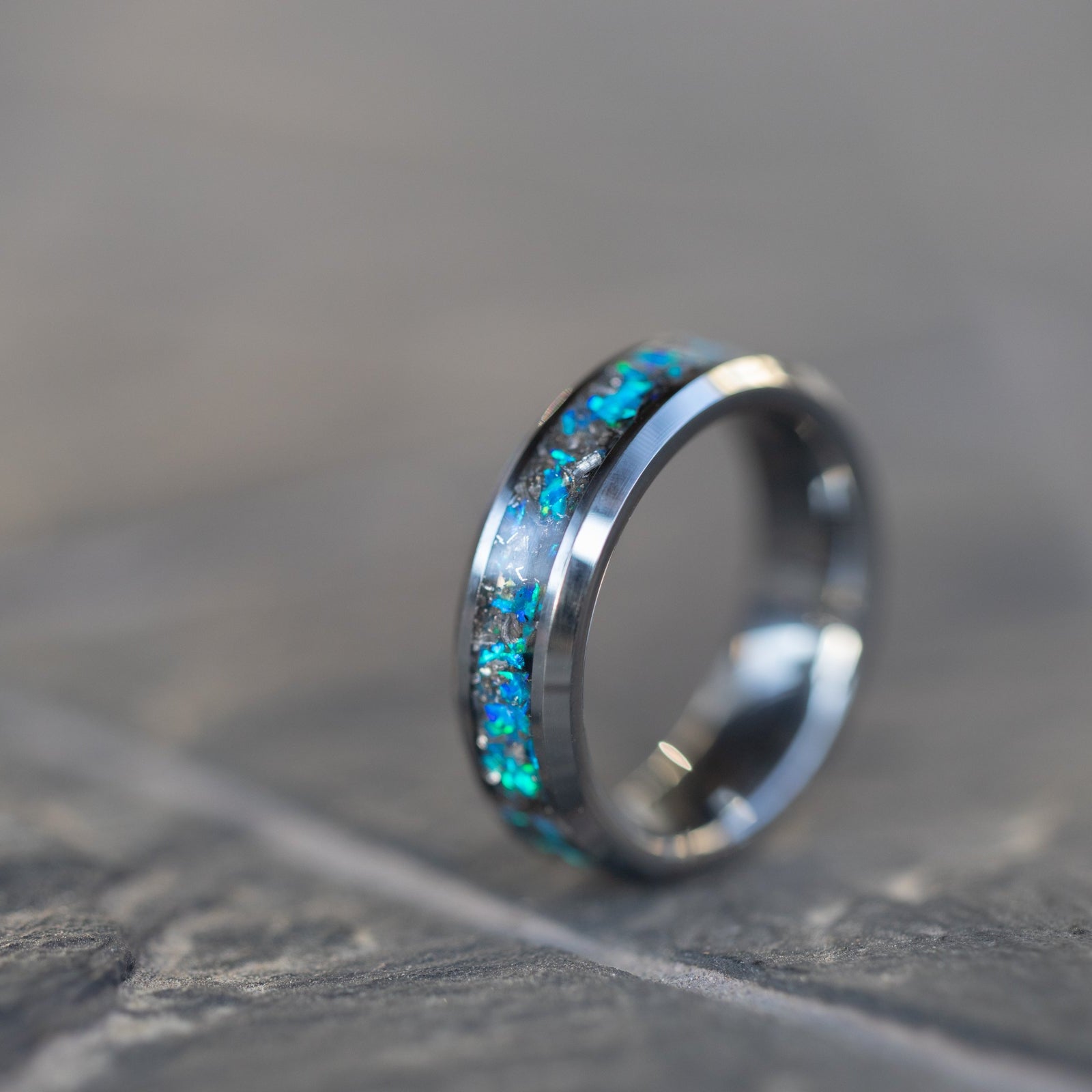 6mm beveled tungsten ring with authentic Campo del Cielo meteorite shavings suspended in blue opal inlay
