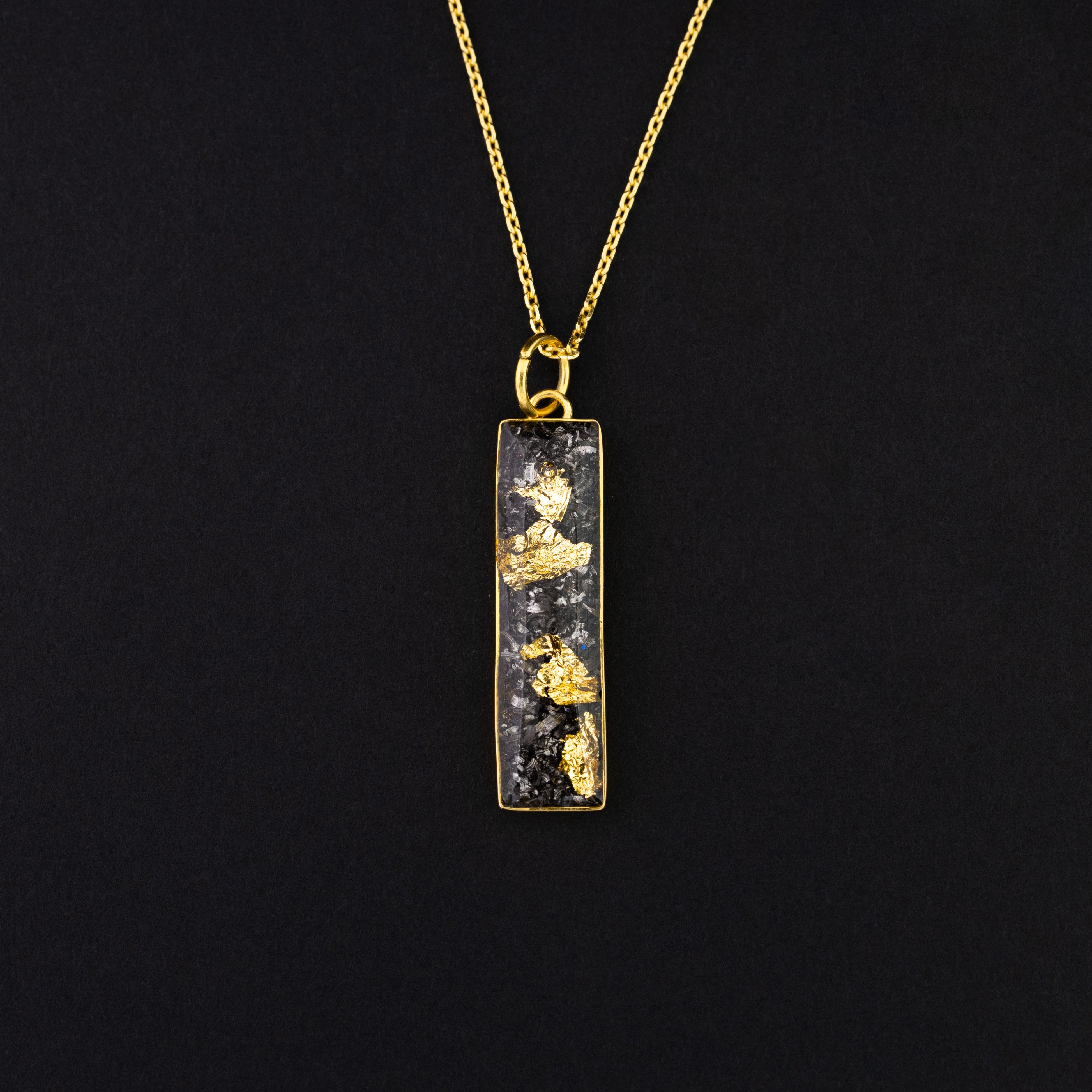 Bullion Bar pendant necklace in gold-plated sterling silver with Campo Del Cielo meteorite and 24K gold flake inlay