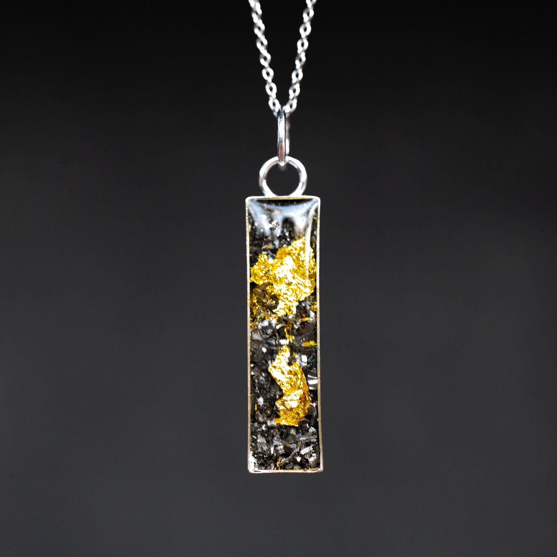 Bullion Bar Silver authentic silver bar pendant necklace with Campo Del Cielo meteorite and real 24K gold flake inlay