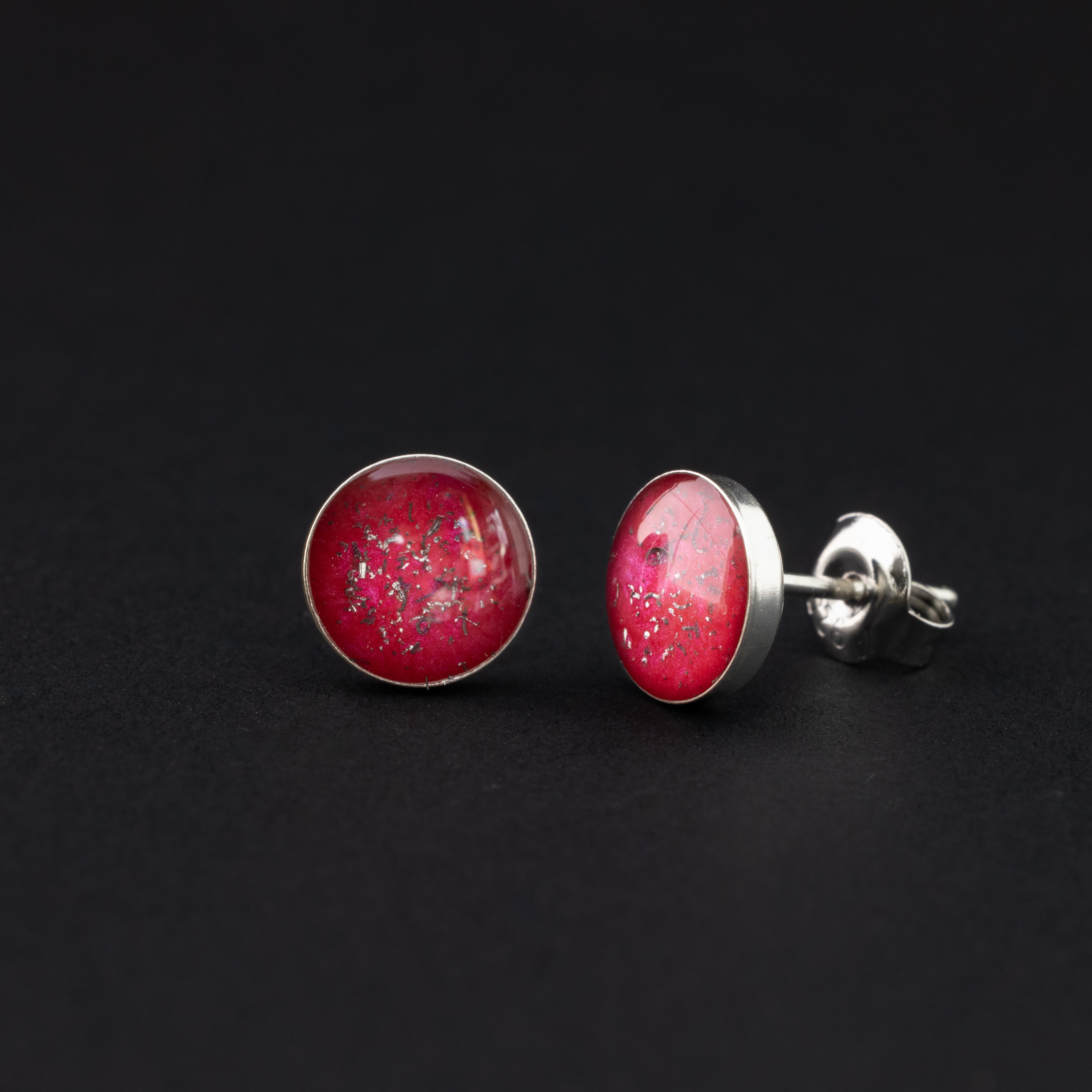 Cherry Studs authentic silver stud earrings with Campo Del Cielo meteorite and cherry red resin inlay