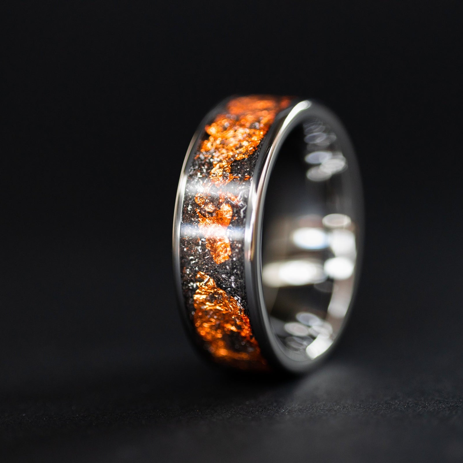 8mm wide channel tungsten ring with authentic Campo del Cielo meteorite shavings and real copper flake inlay