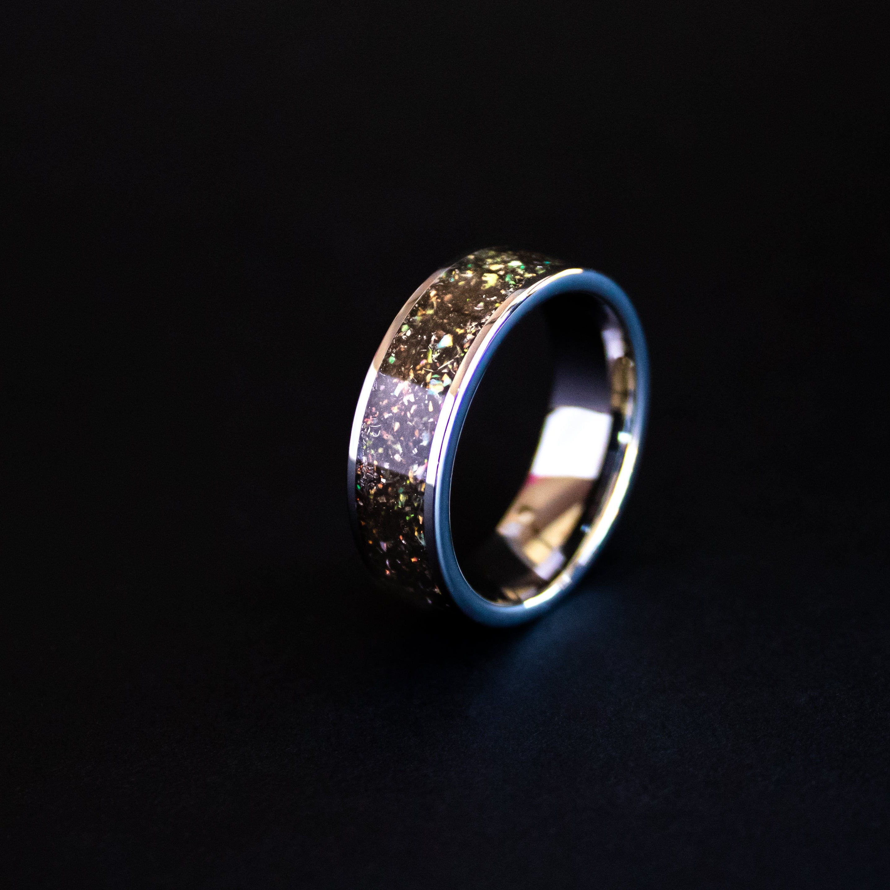 8mm wide channel tungsten ring with authentic Campo del Cielo meteorite shavings and white rainbow iridescent opal accents