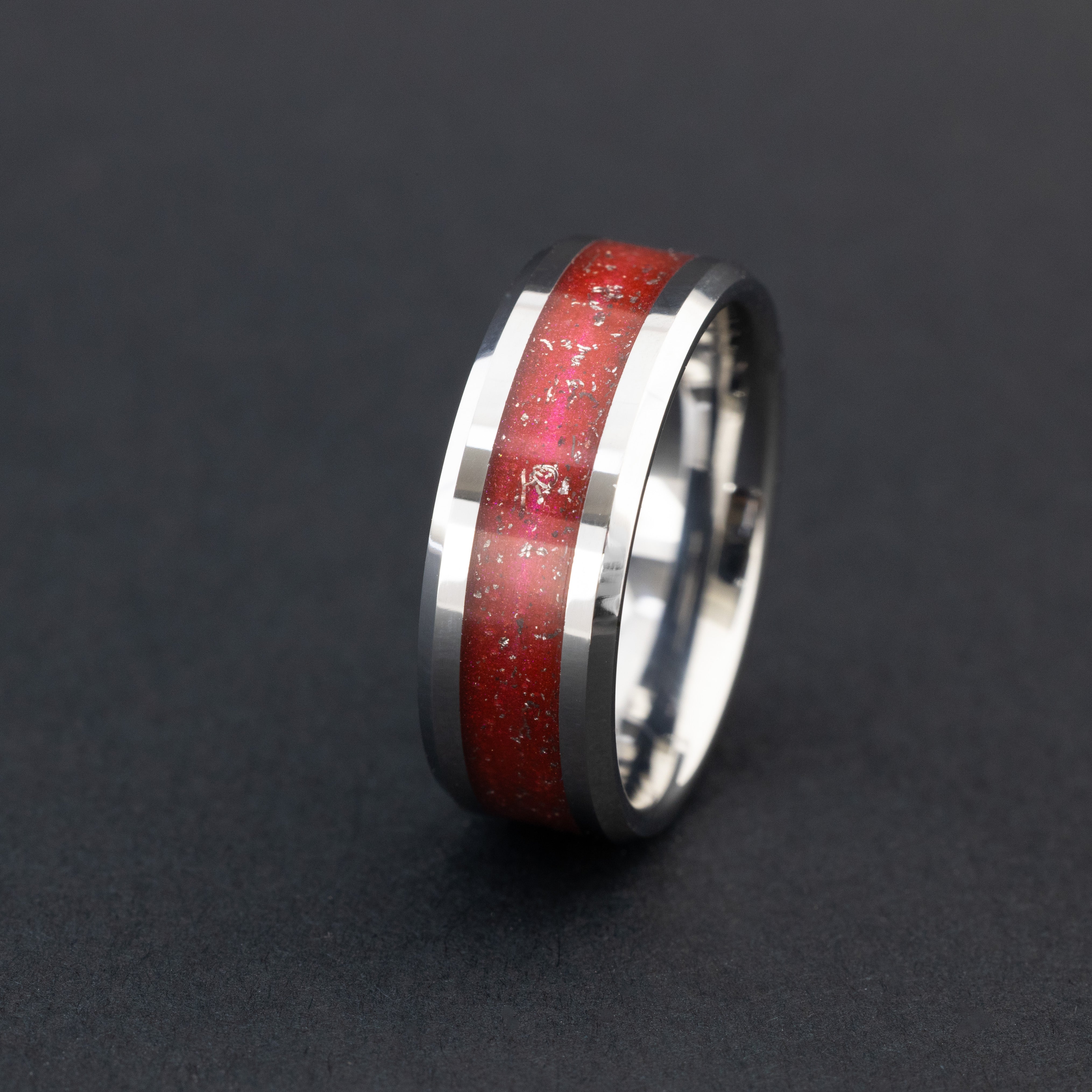 8mm beveled tungsten ring with authentic Campo meteorite and vibrant red resin inlay.