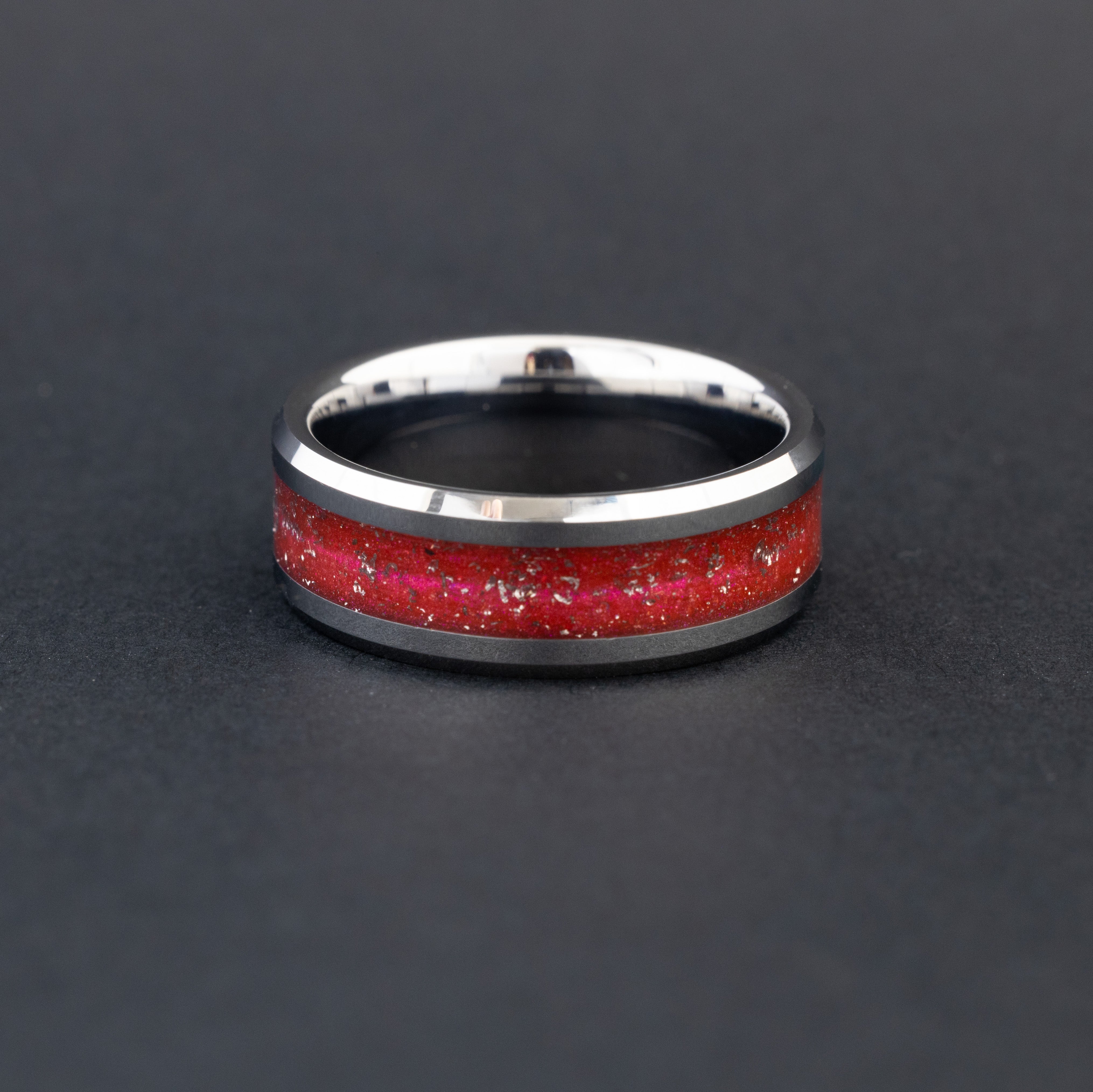 view of the Crimson Impact ring showing the meteorite sparkle and red resin.