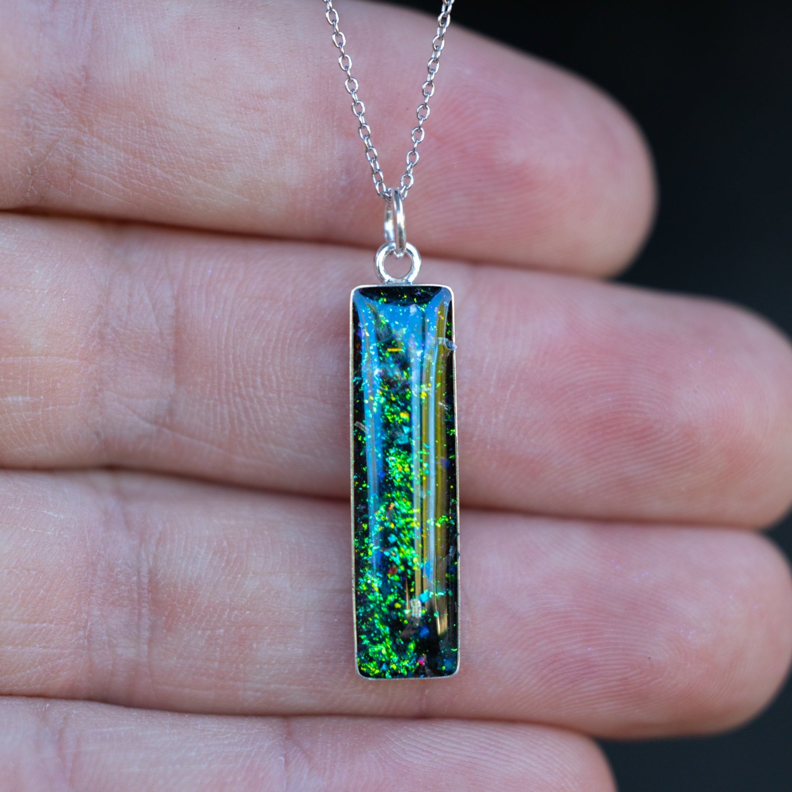 Handcrafted megalodon and meteorite bar pendant ocean necklace in sterling silver with real megalodon tooth and blue and green opal inlay