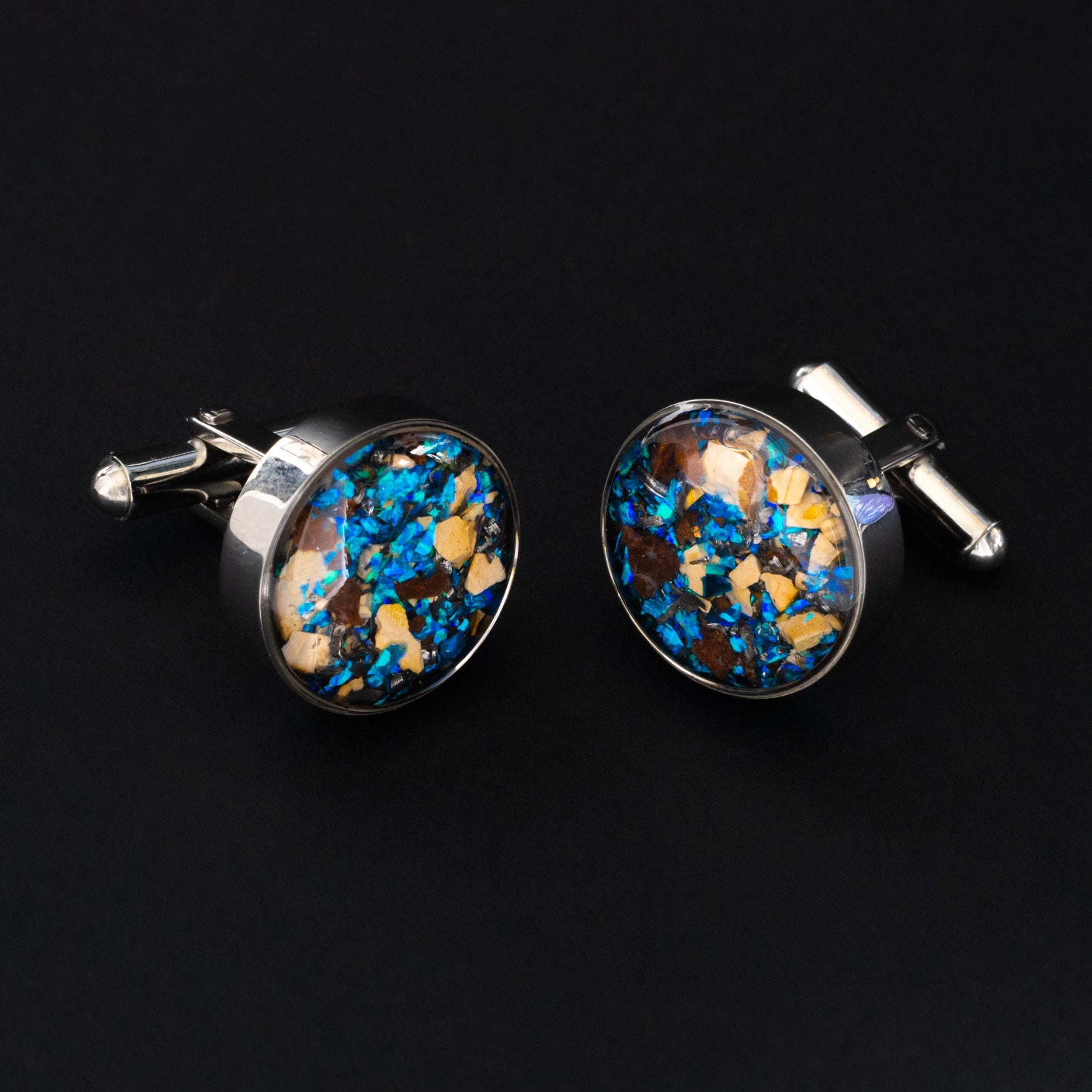 Dinosaur Meteorite Cufflinks authentic silver-tone stainless steel mens cufflinks with Campo Del Cielo meteorite, real dinosaur bone, crushed dinosaur gembone, and blue opal inlay