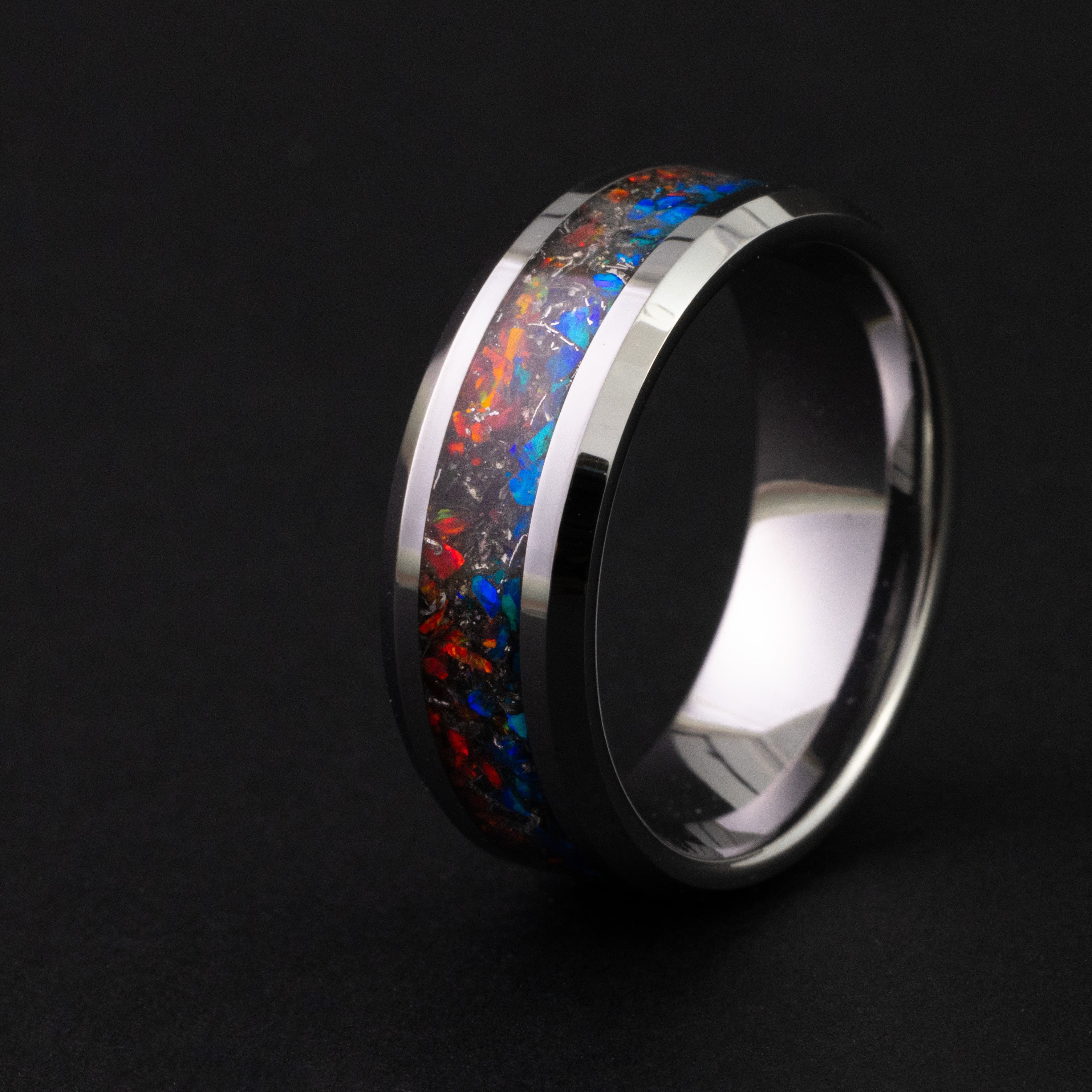 8mm beveled tungsten ring with red and blue fire opal and authentic meteorite.