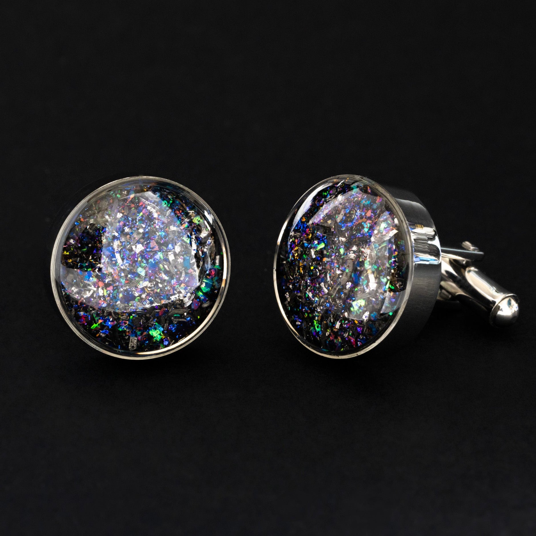 Galaxy Cufflinks authentic silver-tone stainless steel mens cufflinks with Campo Del Cielo meteorite and a multicolor opal and pigment glitter galaxy inlay
