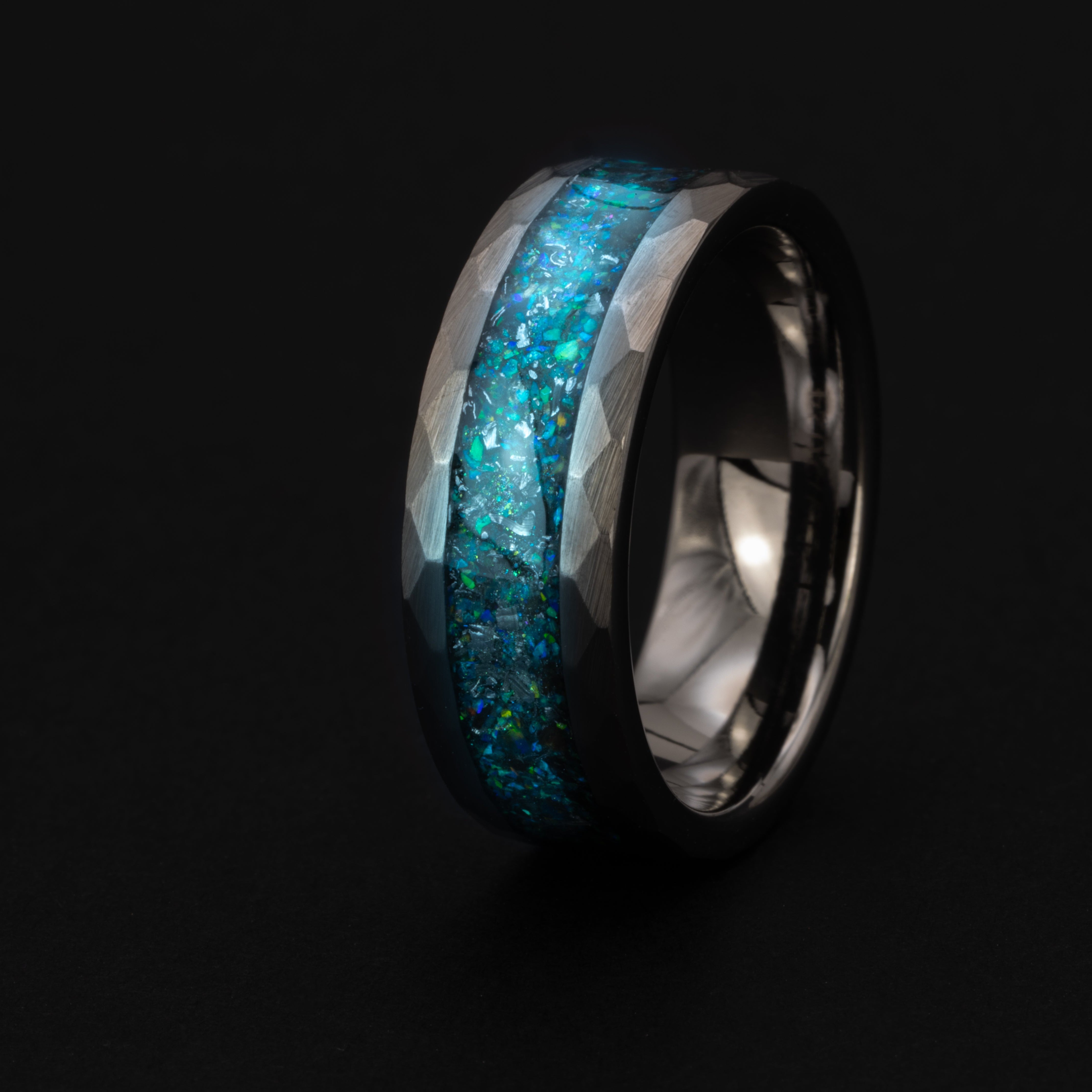 hammered-megalodon-glow-fossil-meteorite-blue-green-opal-glow-tungsten-ring