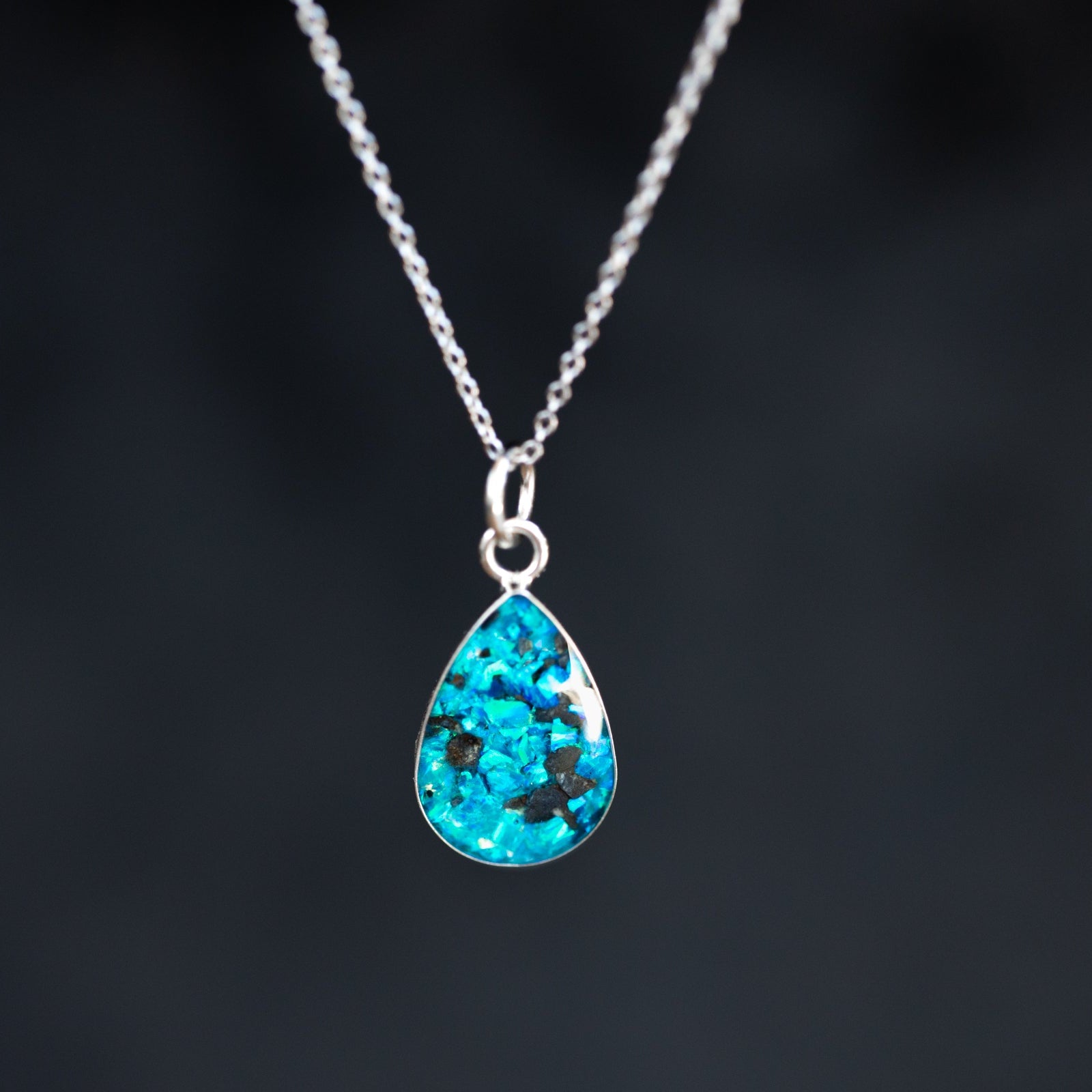 Lunar Blue Drop authentic silver teardrop pendant necklace with real lunar meteorite moon rock and sky blue opal inlay