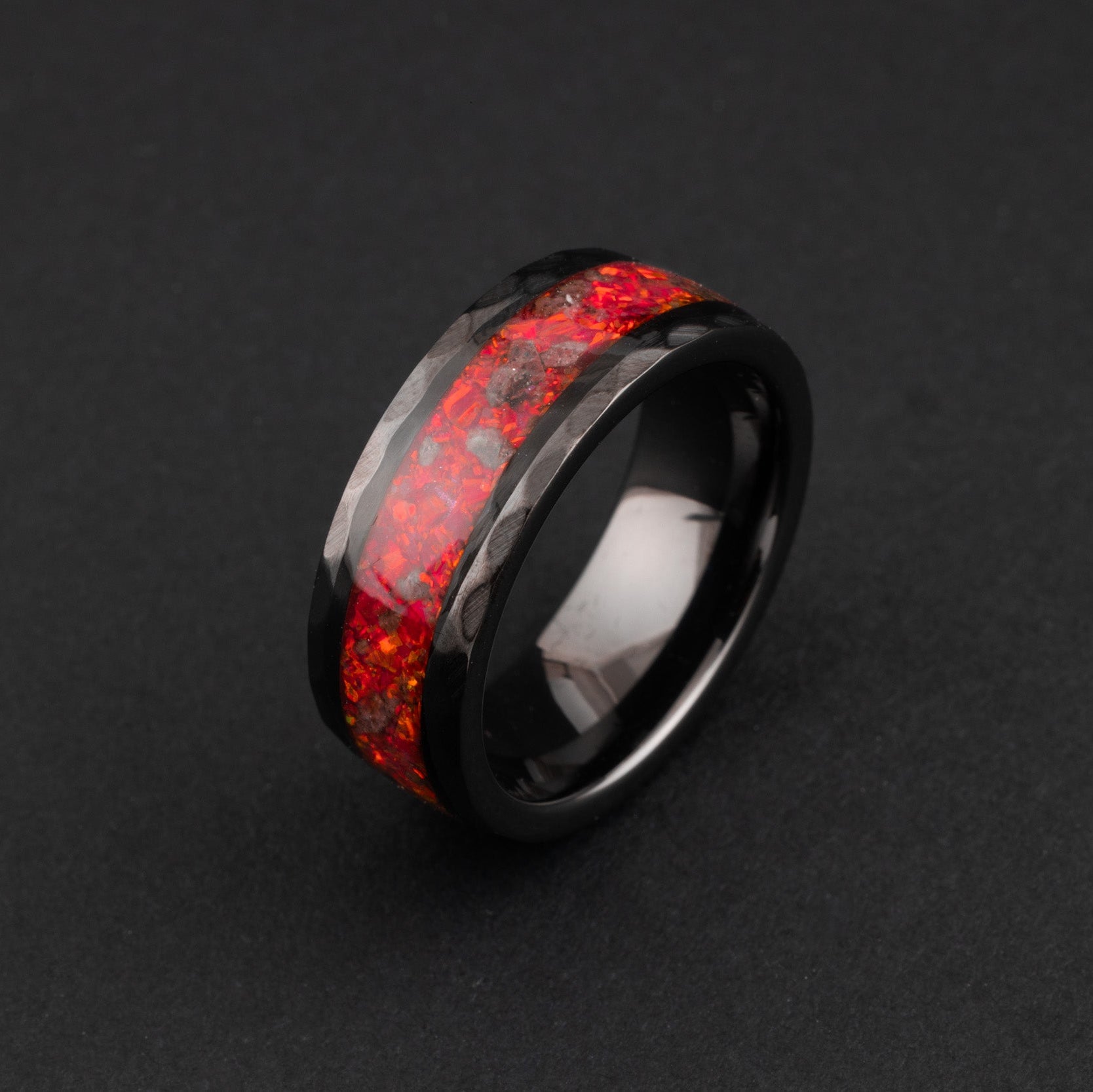 genuine Mars meteorite fragments and glowing red opal in a hammered ring.