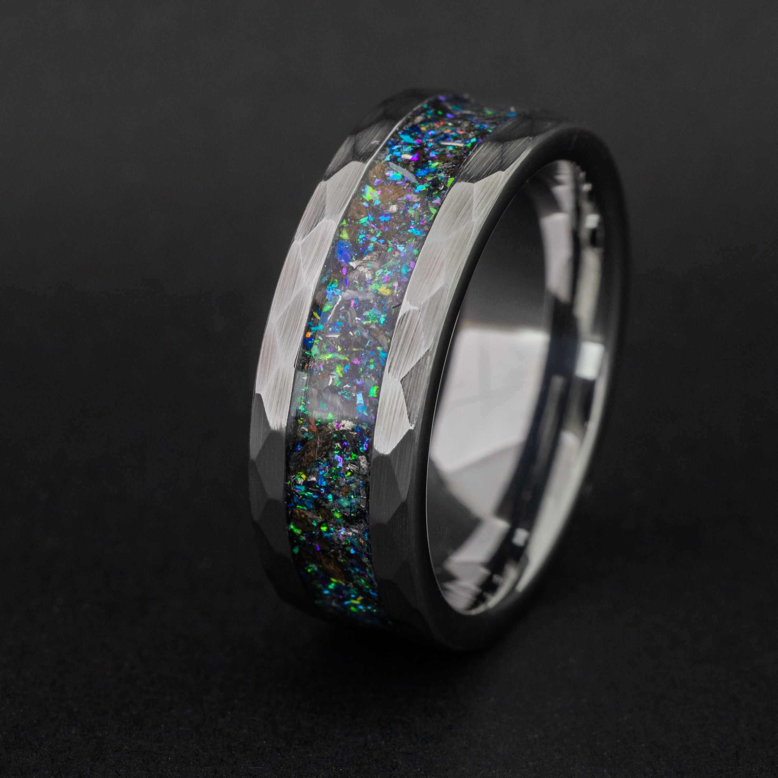 8mm hammered silver tungsten ring with Megalodon tooth, meteorite, and chromatic opal inlay.