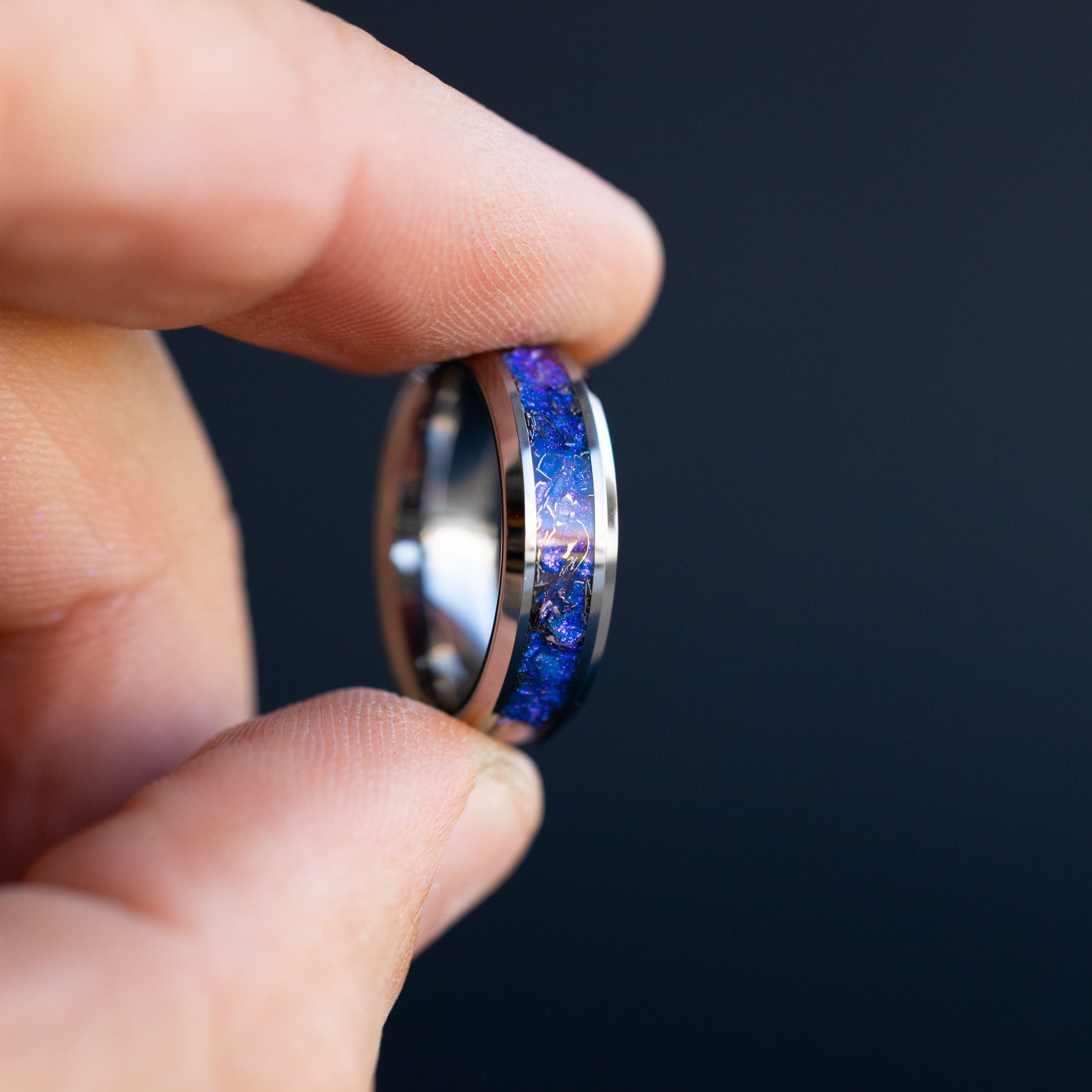 Handcrafted 6mm beveled tungsten mens wedding band with authentic Campo del Cielo meteorite and blue purple galaxy pigment inlay