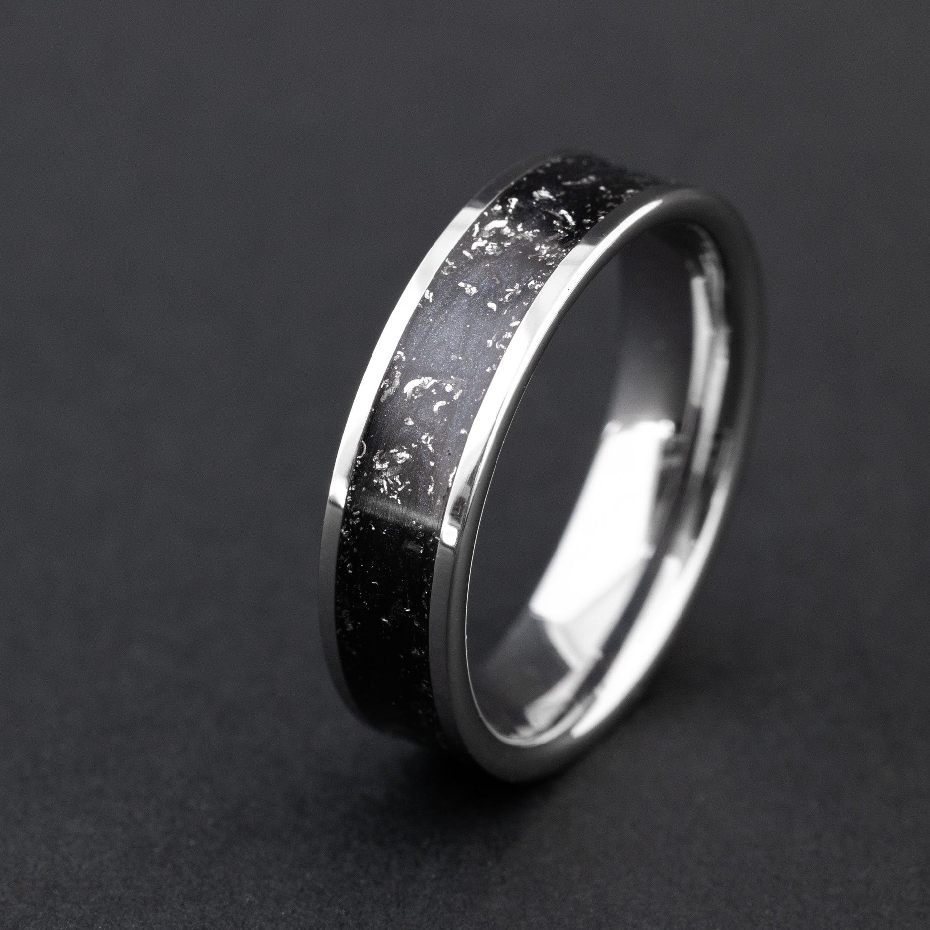 6mm wide channel tungsten ring with authentic Gibeon meteorite and black resin inlay
