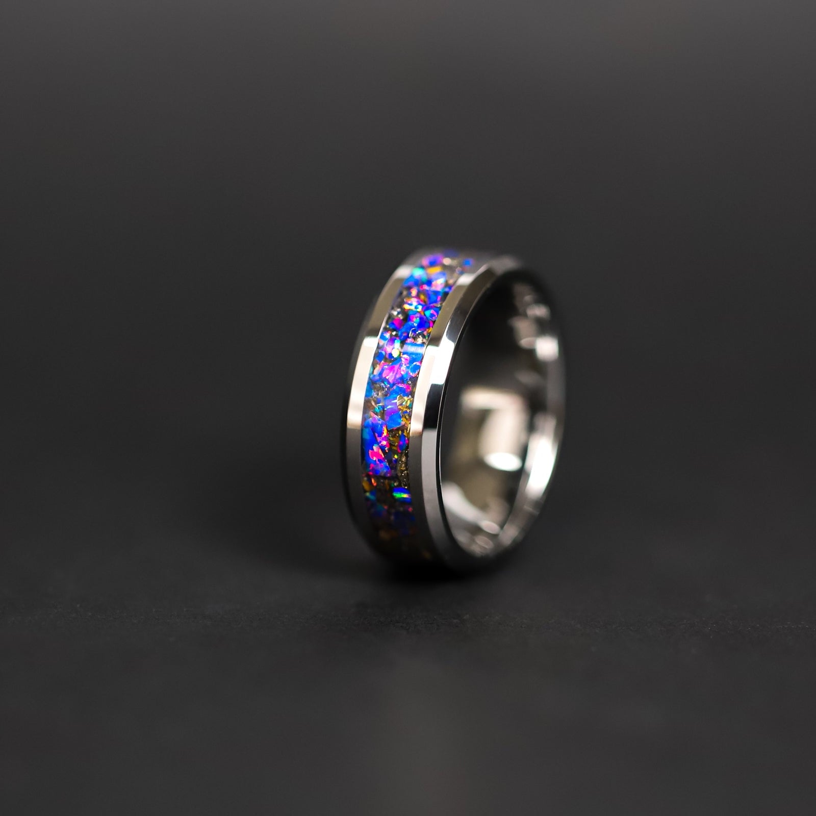 8mm beveled tungsten ring with authentic Triceratops bone and Campo del Cielo meteorite in midnight blue purple opal inlay