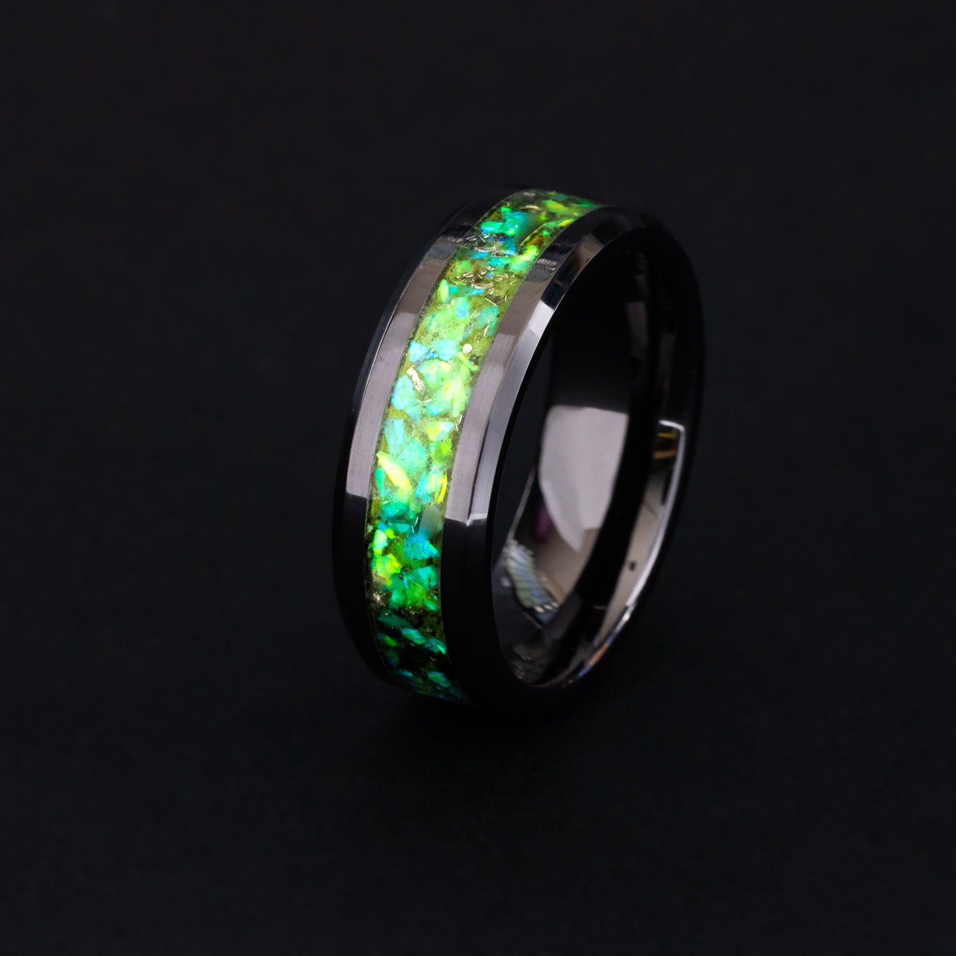 8mm beveled black ceramic ring with authentic meteorite and neon lime green glow inlay.