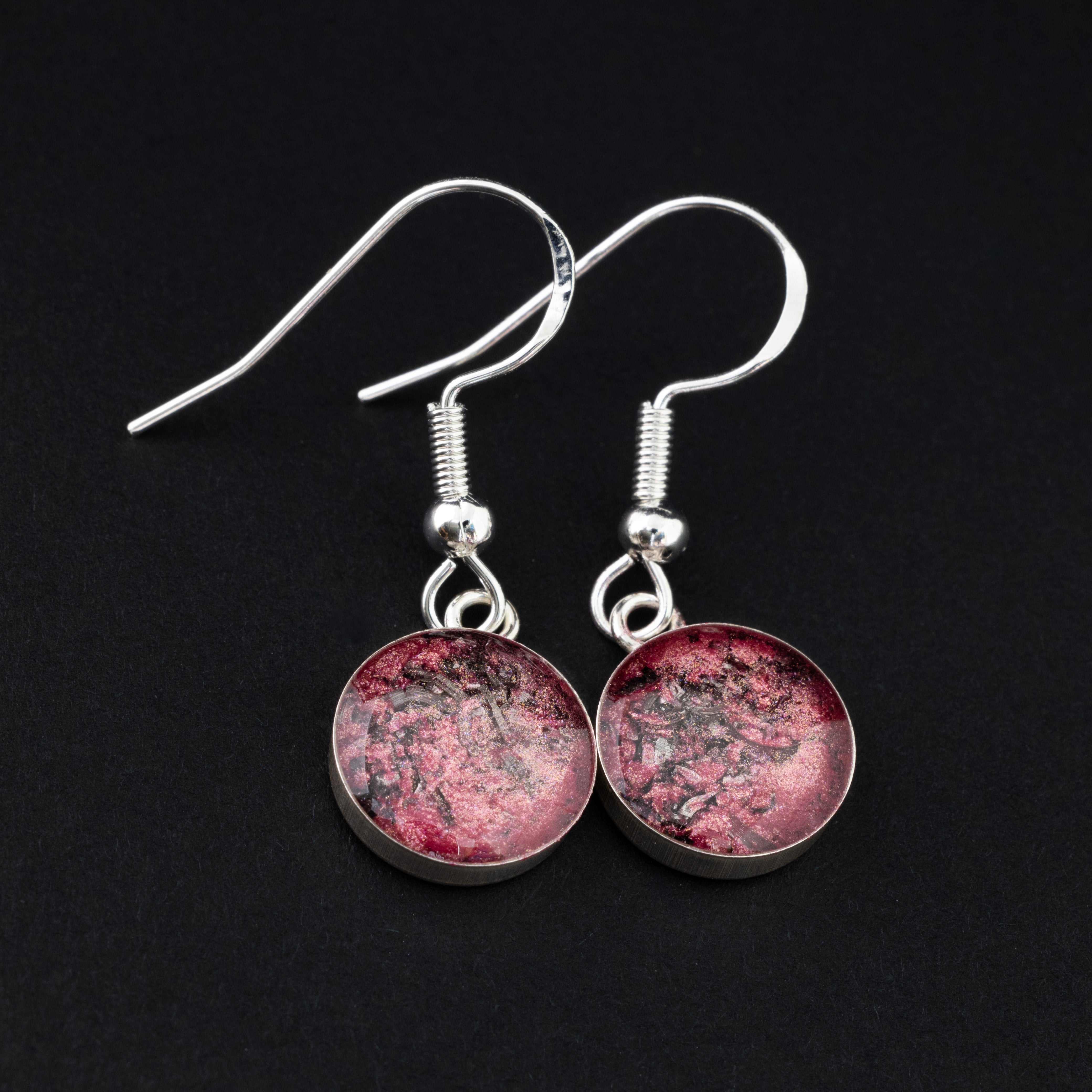 Pink Comet Dangle authentic silver dangle earrings with Campo Del Cielo meteorite and blush pink glitter inlay