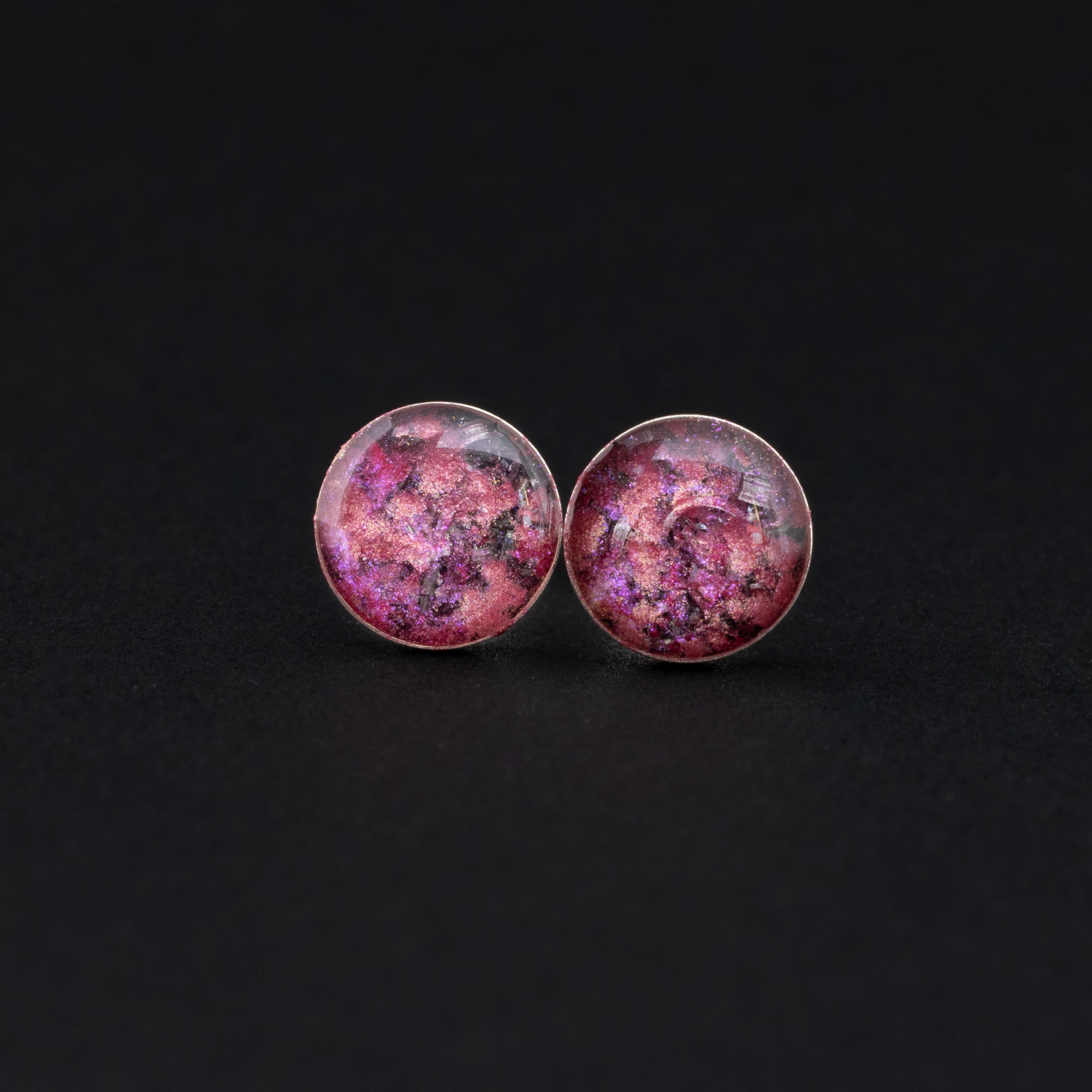Pink Comet Studs authentic silver stud earrings with Campo Del Cielo meteorite and blush pink glitter inlay