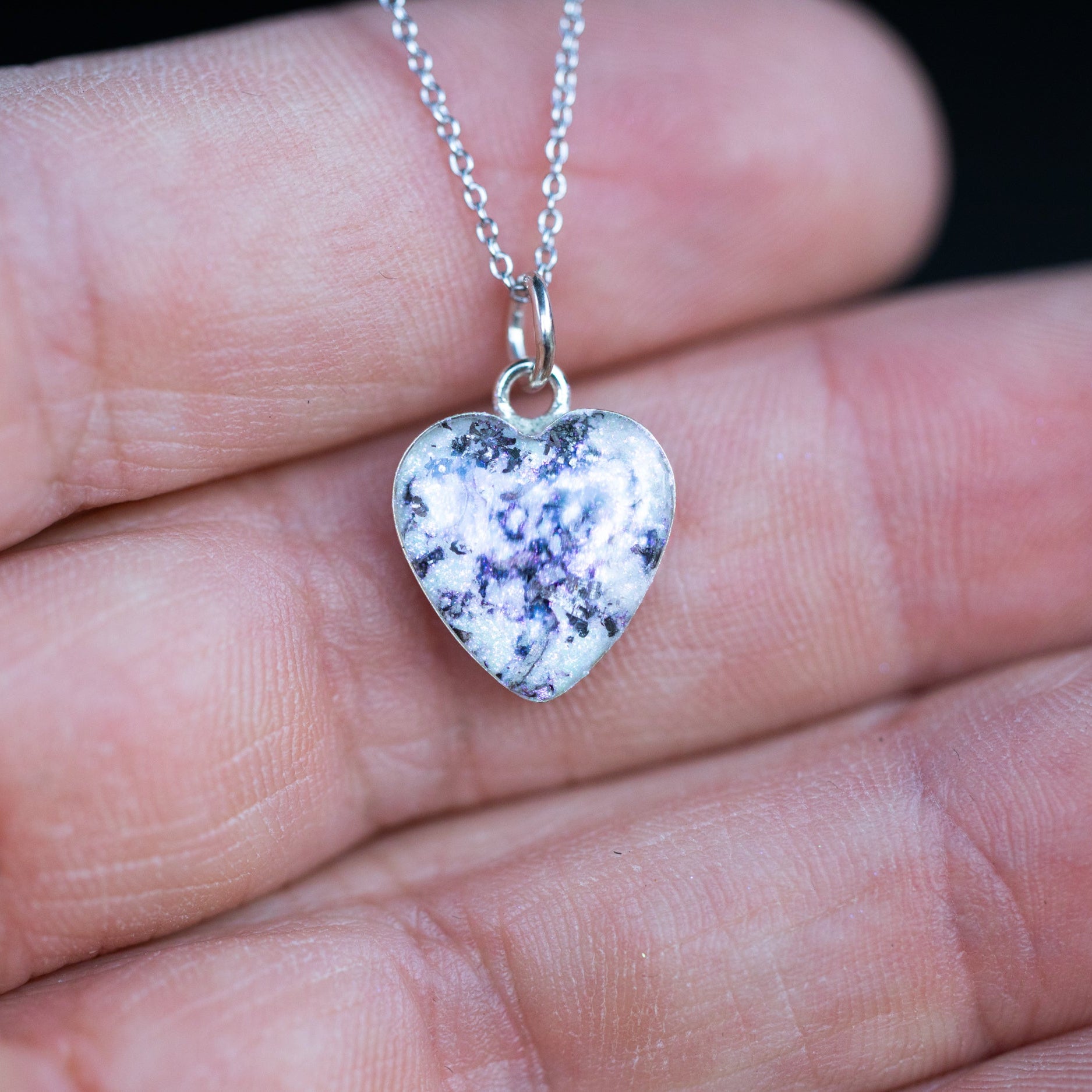 Pink Pearl silver heart pendant necklace with Campo Del Cielo meteorite and iridescent pink and white resin inlay shown on a chain, ideal as a bridal, bridesmaid, or anniversary gift necklace