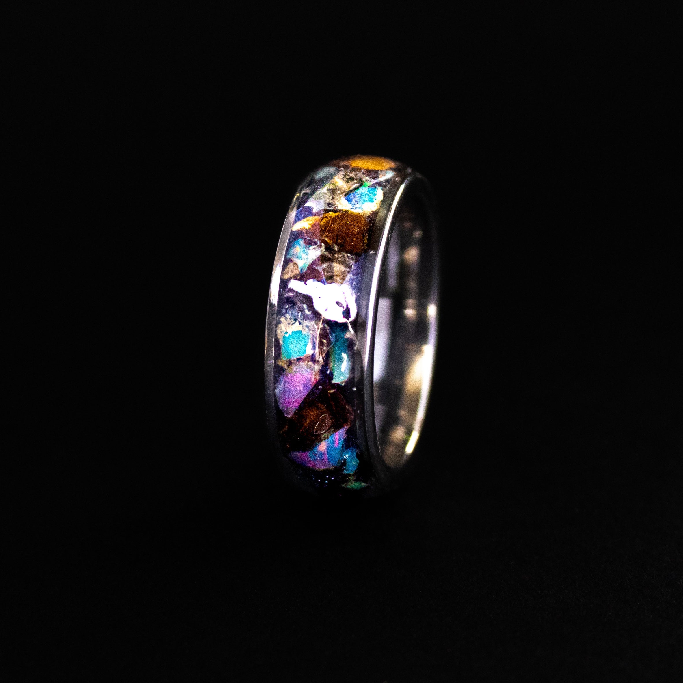 8mm wide channel tungsten ring with large pieces of authentic T-Rex bone, Campo del Cielo meteorite, and Ethiopian Opal