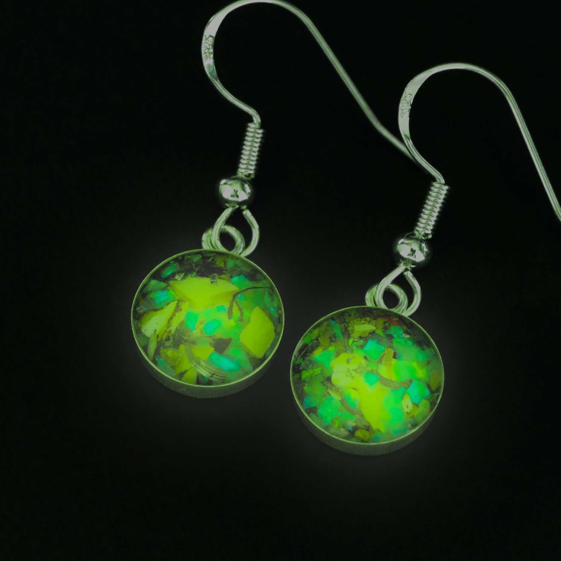Close-up of the Radioactive Velociraptor glow in the dark earrings showing Campo Del Cielo iron meteorite, real velociraptor bone, and vivid green opal in sterling silver