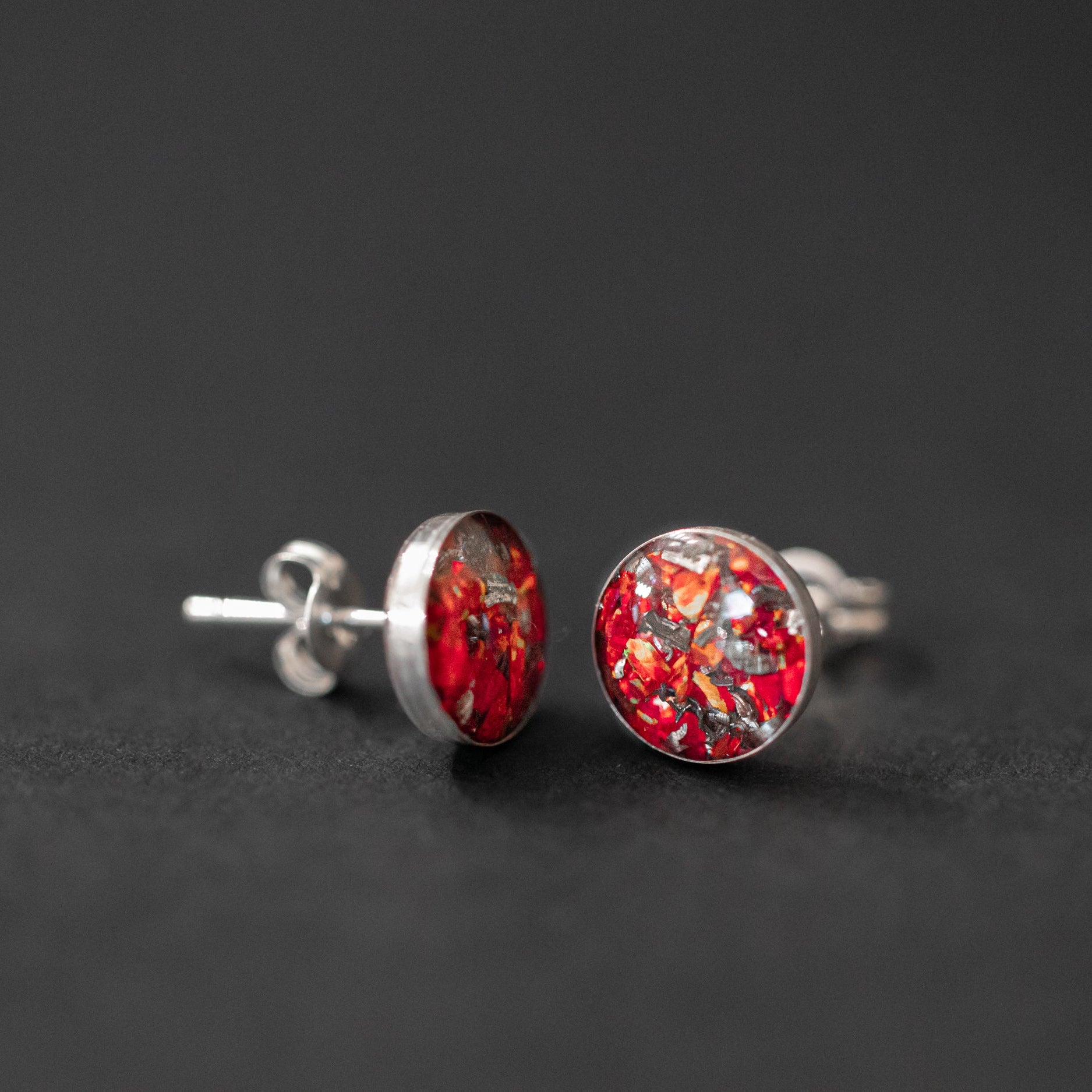 Red Opal Studs authentic silver stud earrings with Campo Del Cielo meteorite and vivid red opal inlay