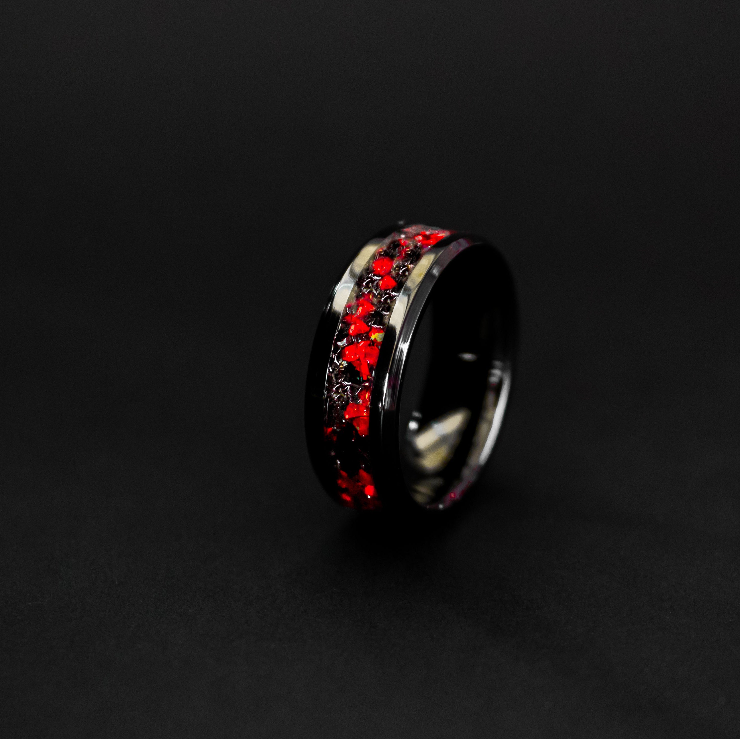 8mm beveled black ceramic ring with authentic T-Rex bone and Campo del Cielo meteorite in red opal inlay