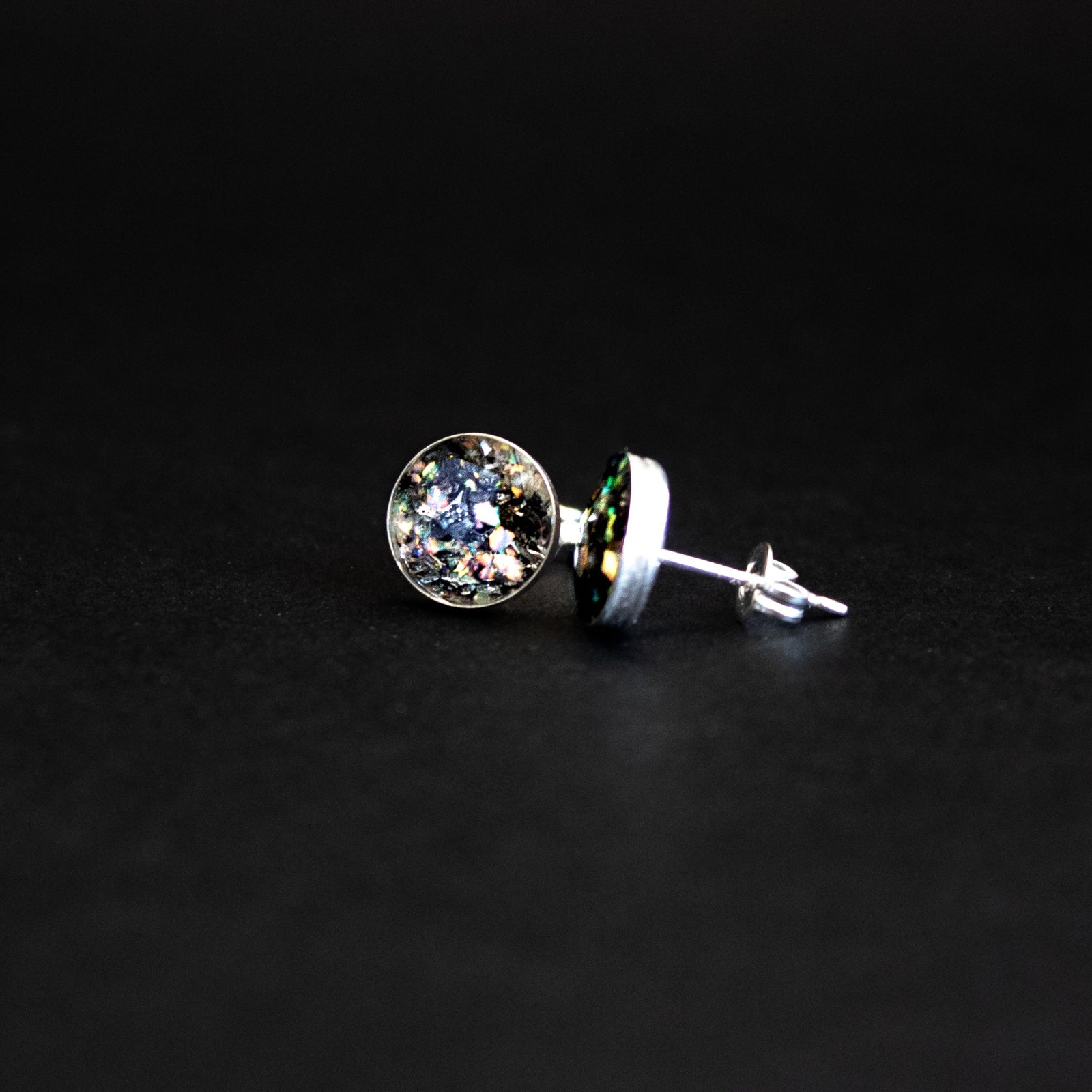 Shimmer Meteorite Studs authentic silver stud earrings with Campo Del Cielo meteorite and iridescent white opal inlay