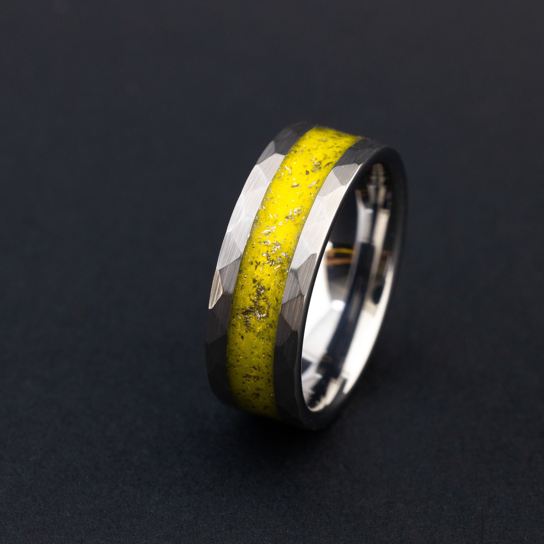 Hammered silver tungsten ring with authentic Gibeon meteorite and vibrant yellow resin inlay.