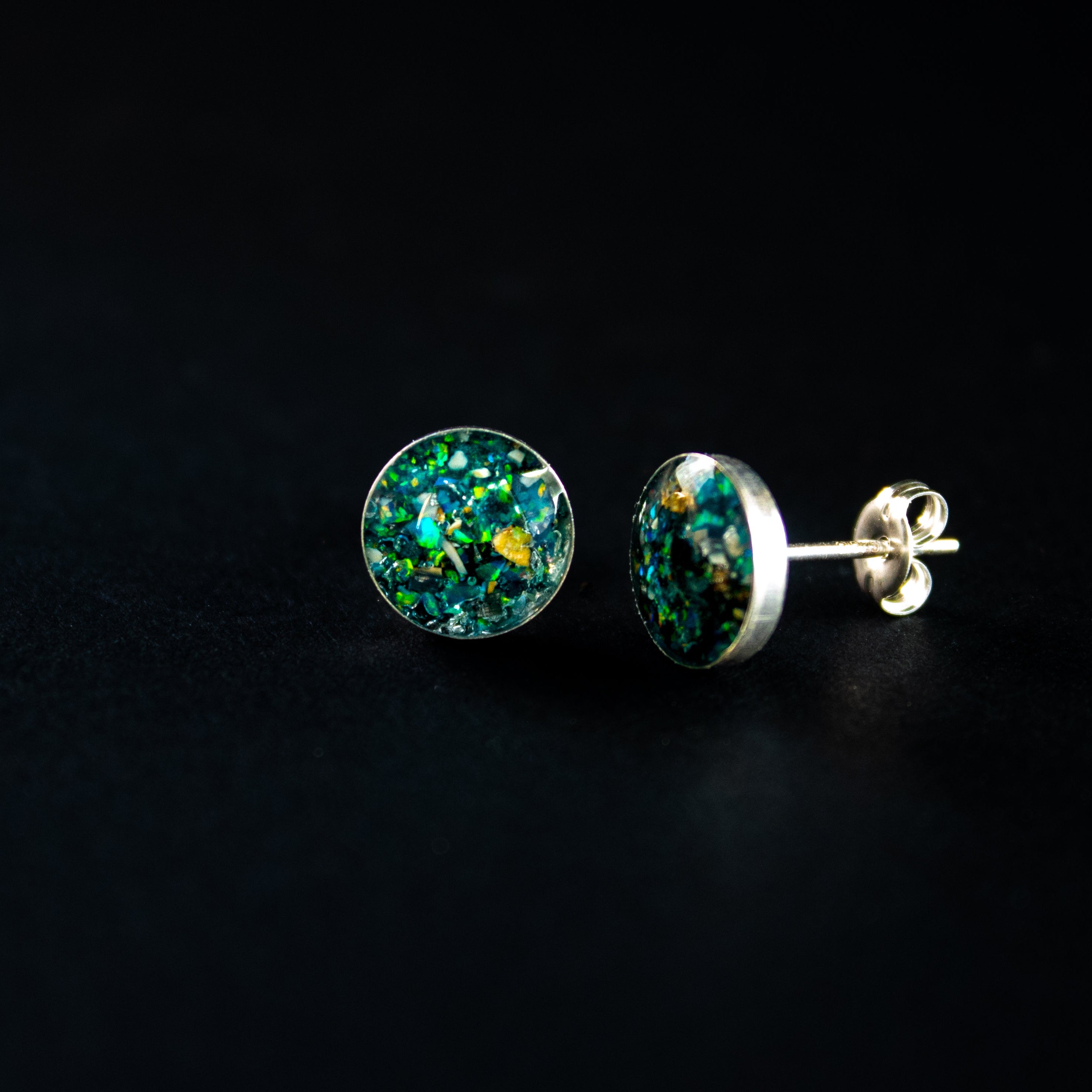 Teal Dinosaur Bone Studs authentic silver stud earrings with Campo Del Cielo meteorite, real dinosaur bone, and vivid teal opal inlay