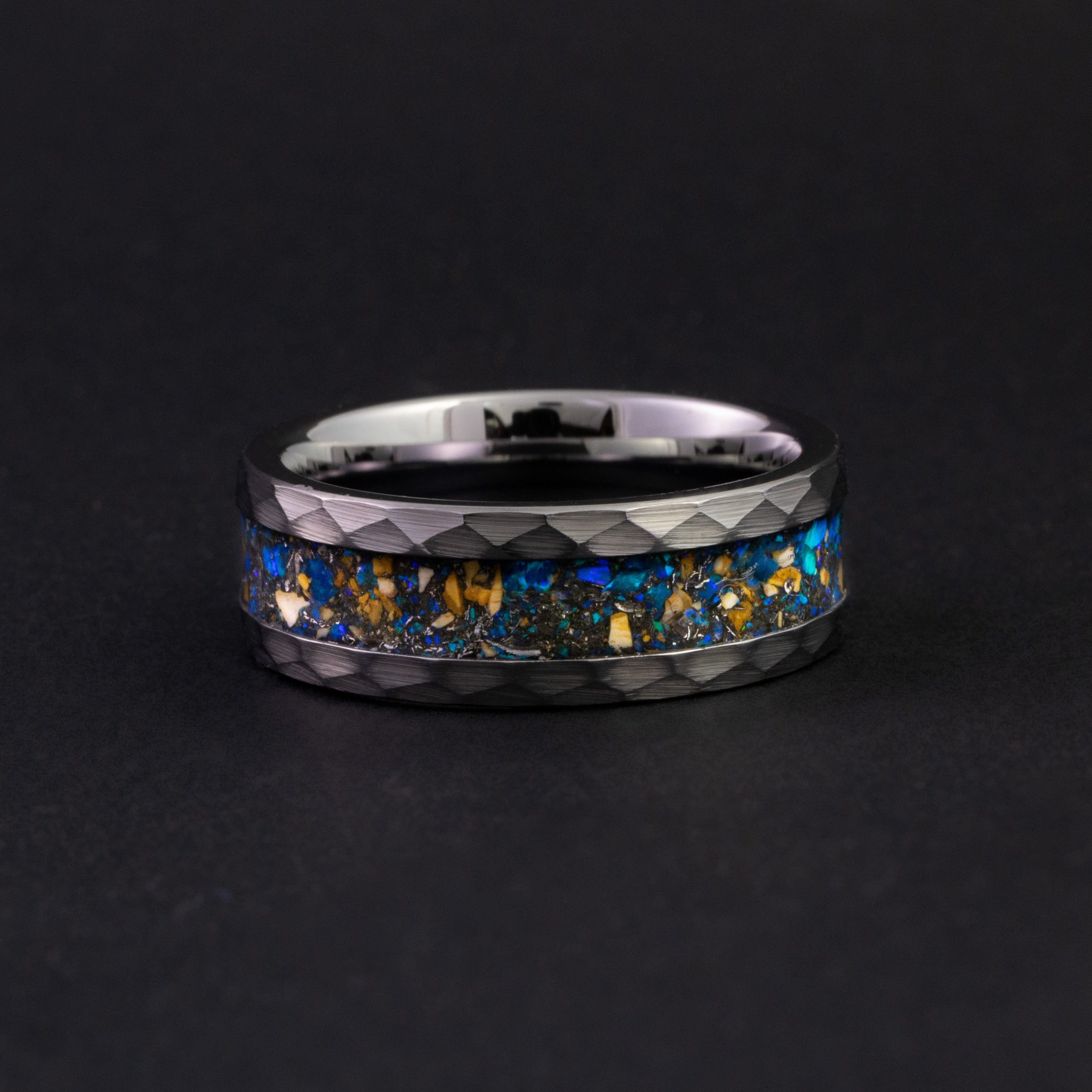 8mm hammered silver tungsten ring featuring authentic meteorite and vibrant blue opals.