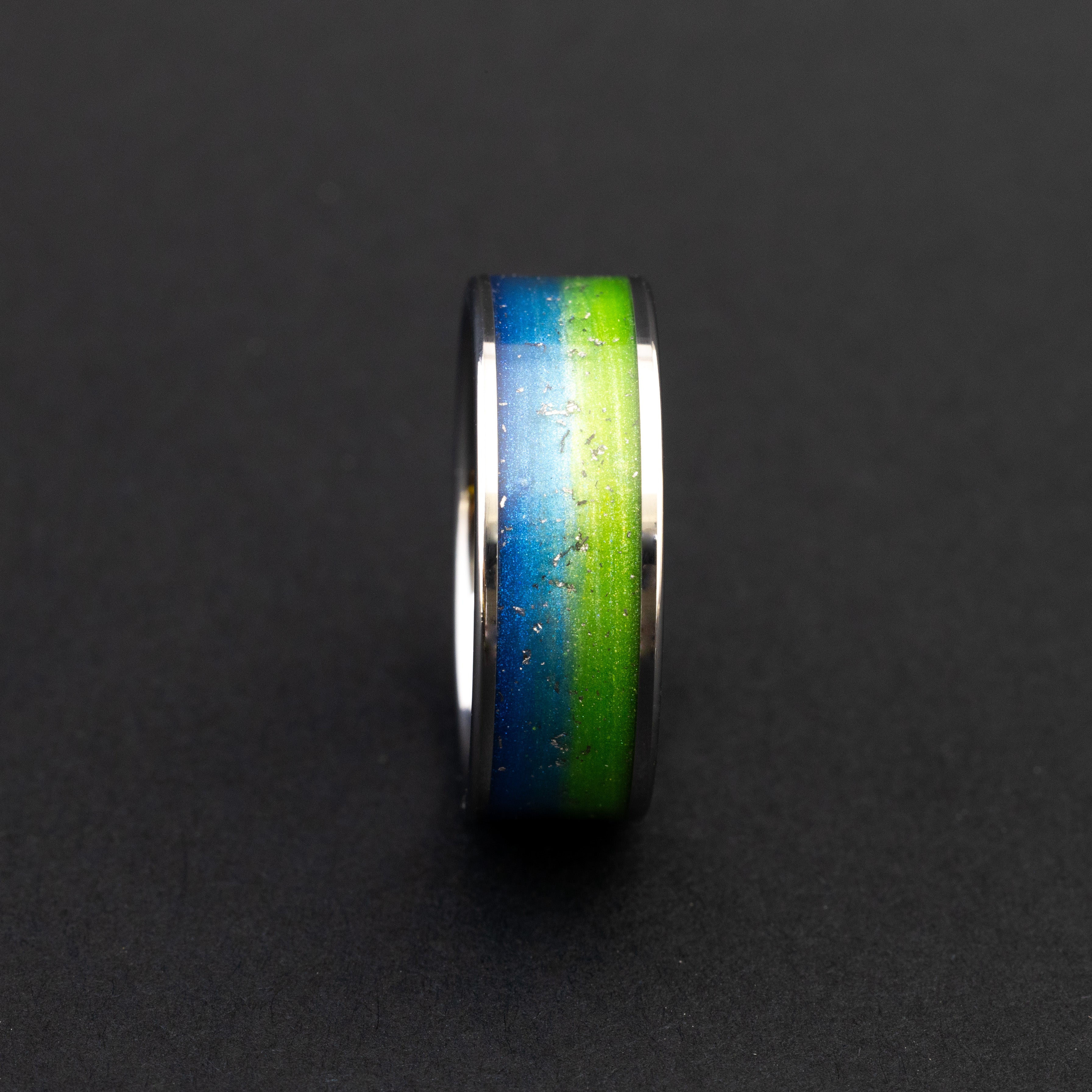Handcrafted 8mm tungsten wedding band featuring celestial Gibeon fragments and dual-colored inlay.