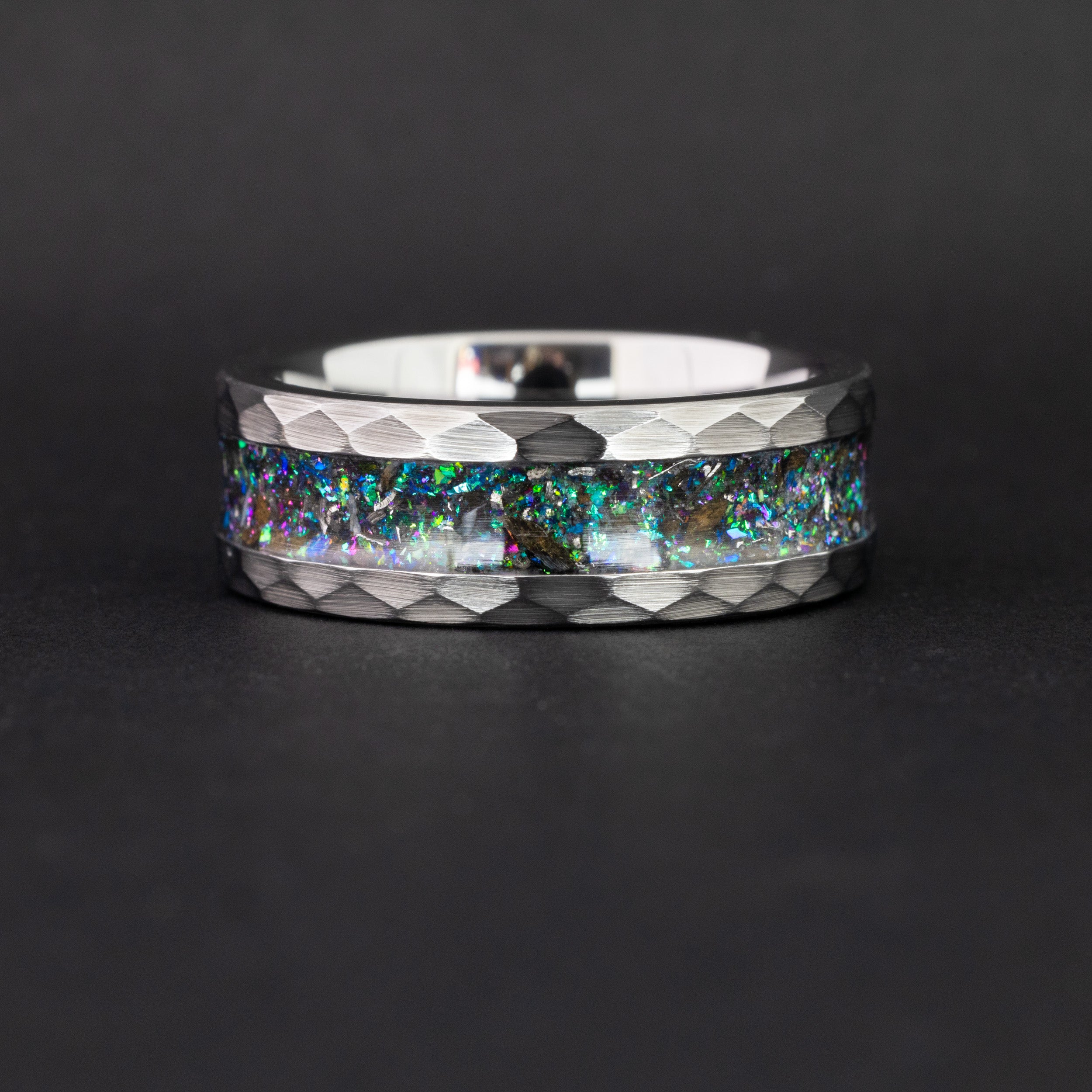 Handcrafted 8mm tungsten wedding band featuring prehistoric shark tooth and vibrant nebula inlay.