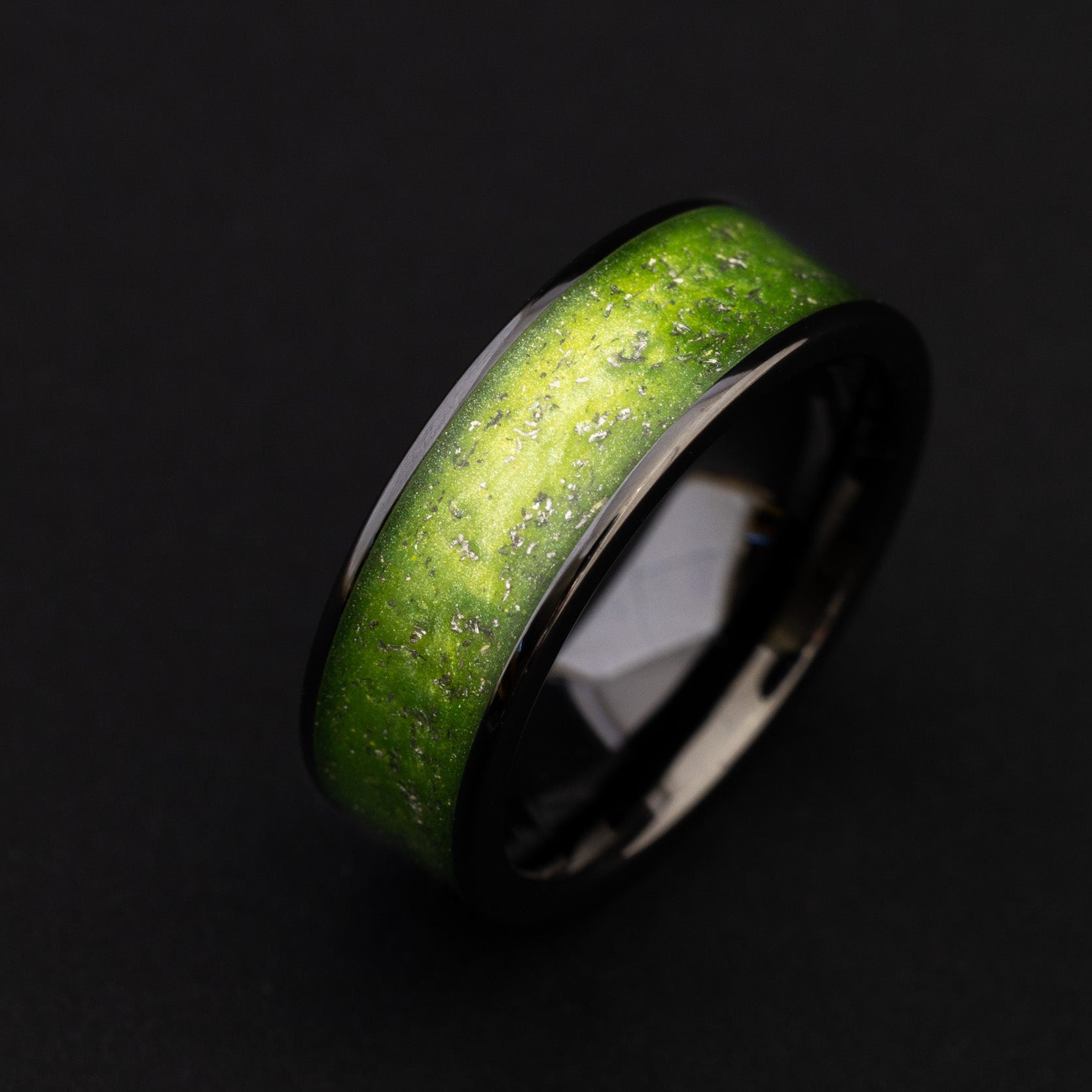 Handcrafted 8mm ceramic wedding band featuring celestial meteorite fragments and neon green inlay.