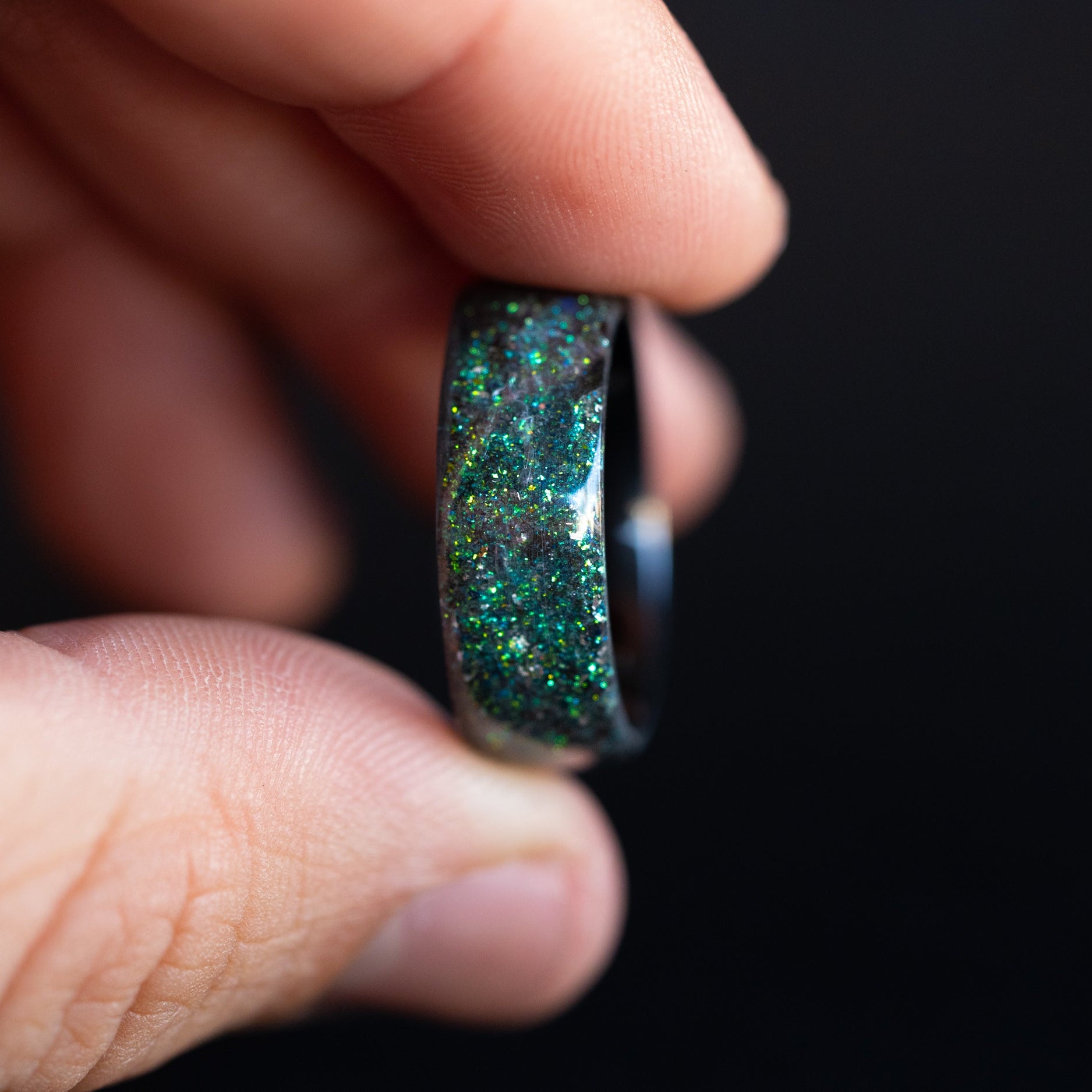 Handcrafted endless black ceramic mens wedding band featuring authentic Megalodon tooth fossil and Campo del Cielo meteorite galaxy inlay