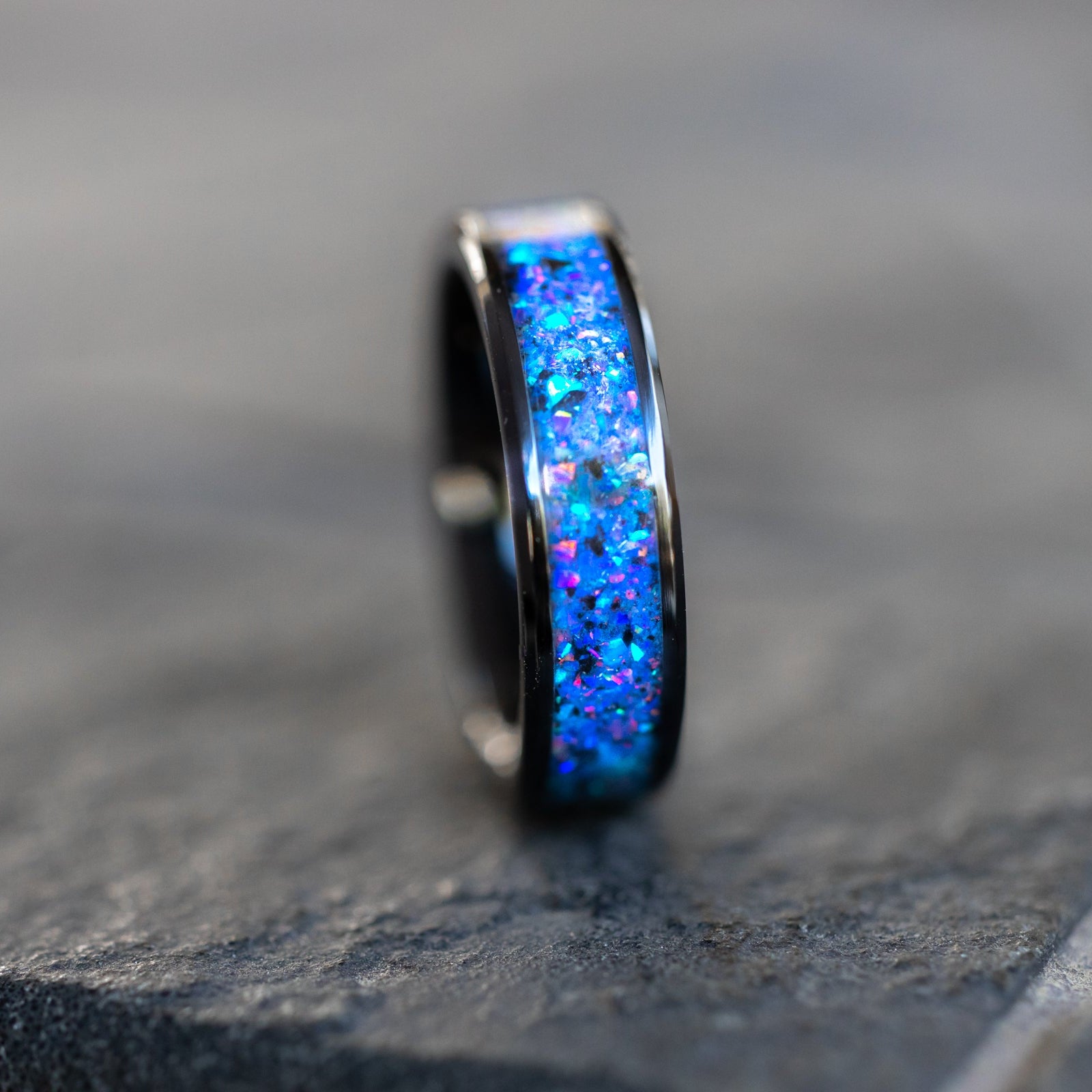 Handcrafted 6mm ceramic mens wedding band with authentic Megalodon tooth fossil and Campo del Cielo meteorite in midnight opal blue glow inlay made in California