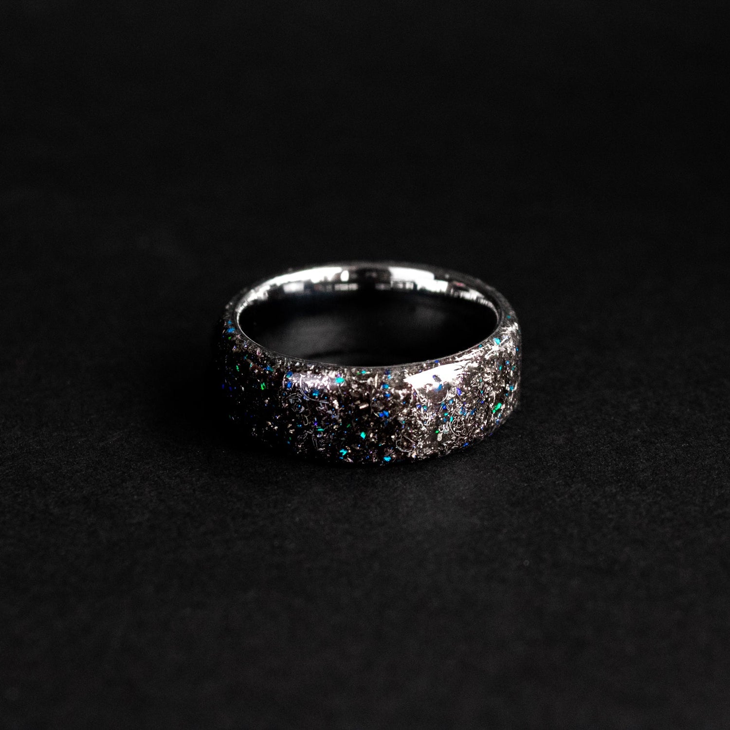 Handcrafted 8mm endless tungsten mens wedding band with authentic Campo del Cielo meteorite and blue opal accents made in California