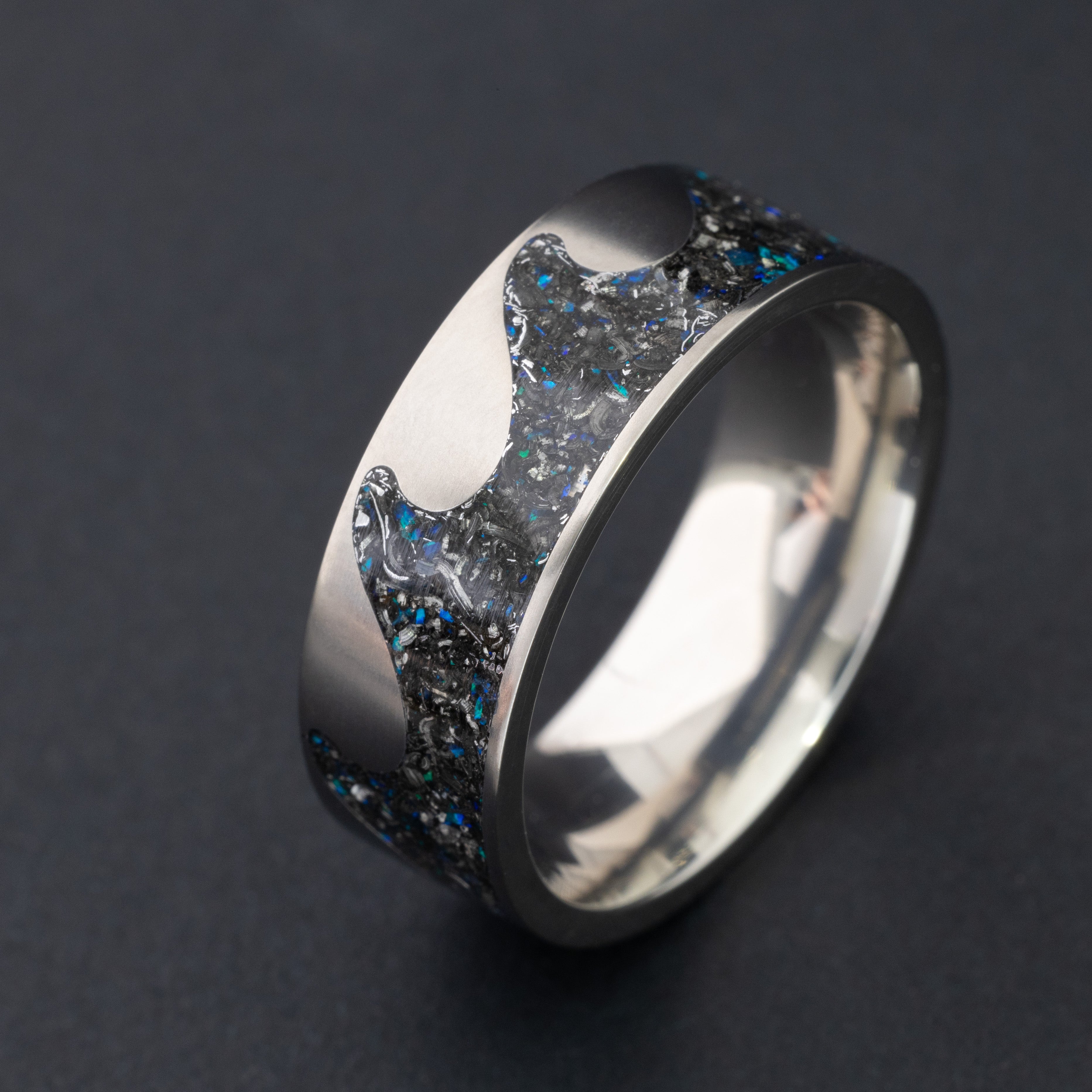 Handcrafted 8mm titanium riptide band mens wedding band with authentic Campo del Cielo meteorite and blue opal accents made in California