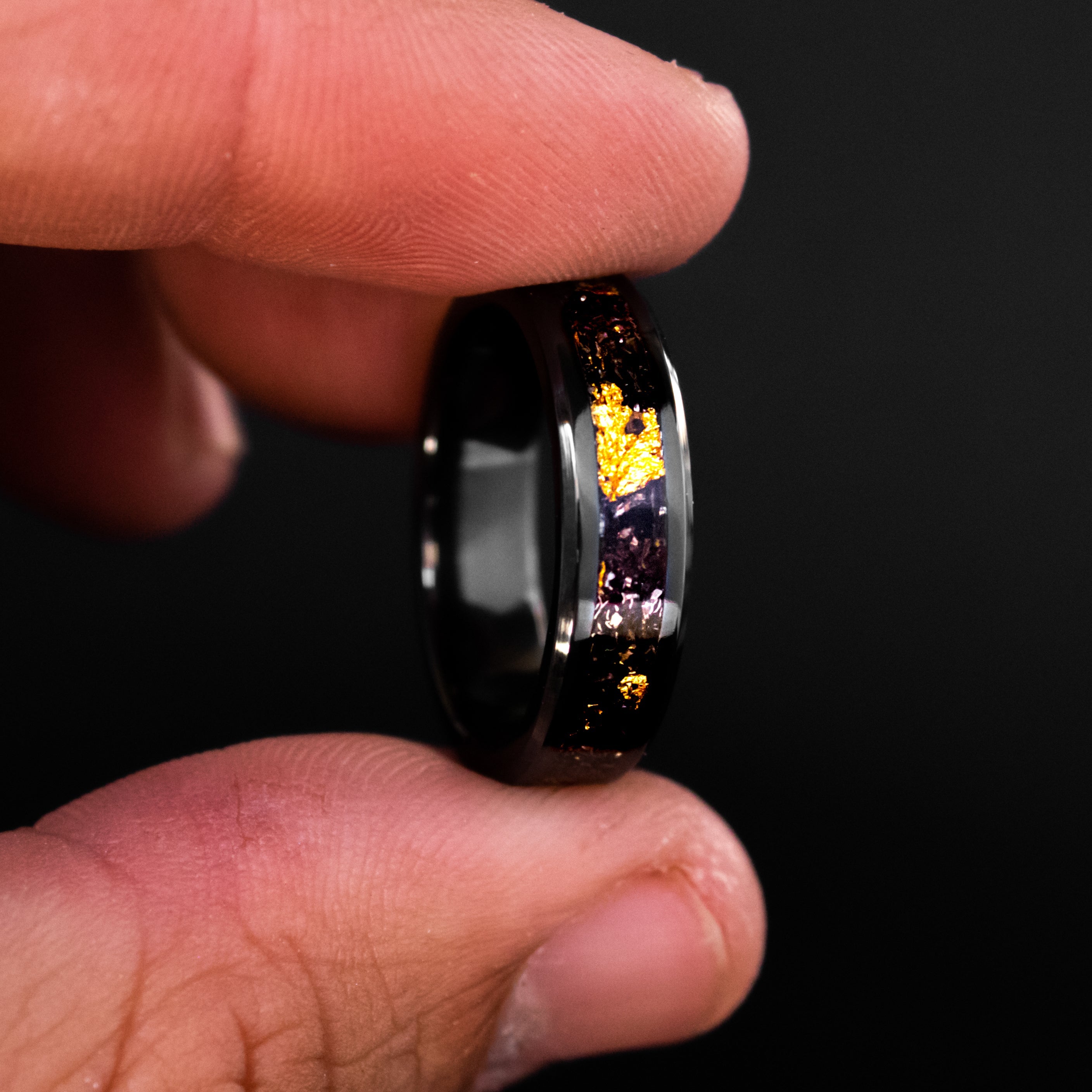 Handcrafted 6mm beveled black ceramic mens wedding band with authentic Campo del Cielo meteorite and real gold metal flake inlay made in California