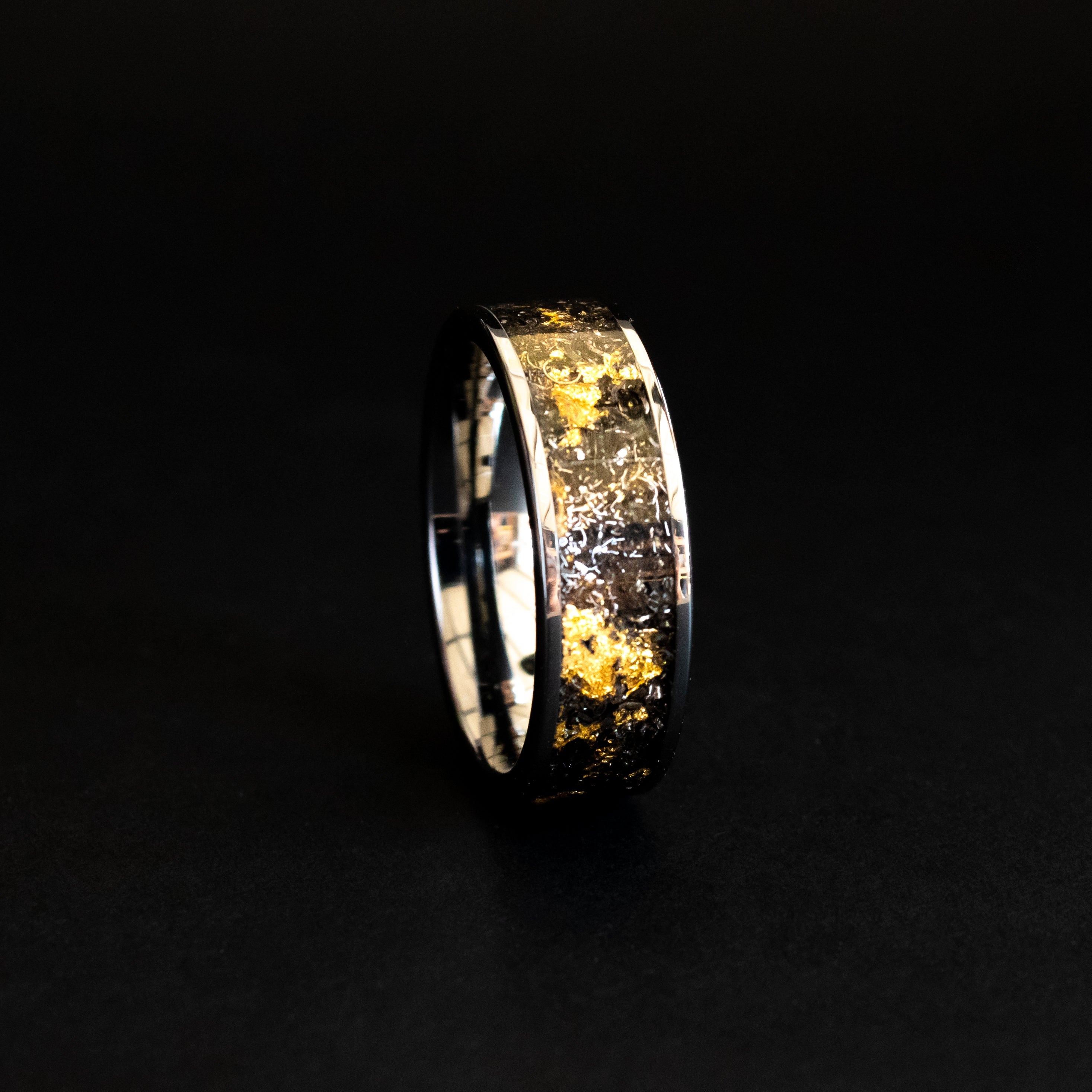 Handcrafted 8mm wide channel tungsten mens wedding band with authentic Campo del Cielo meteorite and real gold metal flake inlay made in California