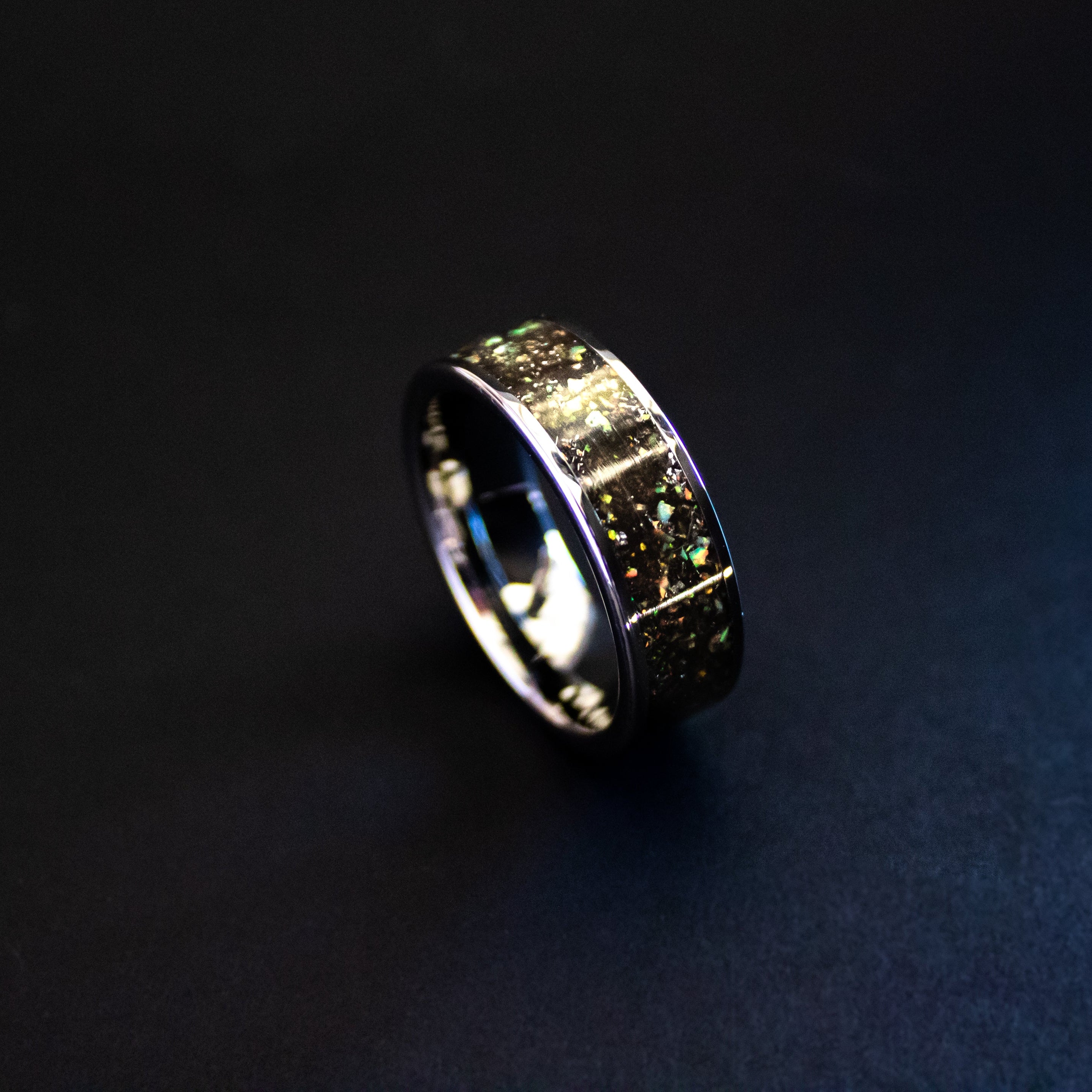 Handcrafted 8mm wide channel tungsten mens wedding band with authentic Campo del Cielo meteorite and white rainbow iridescent opal accents made in California
