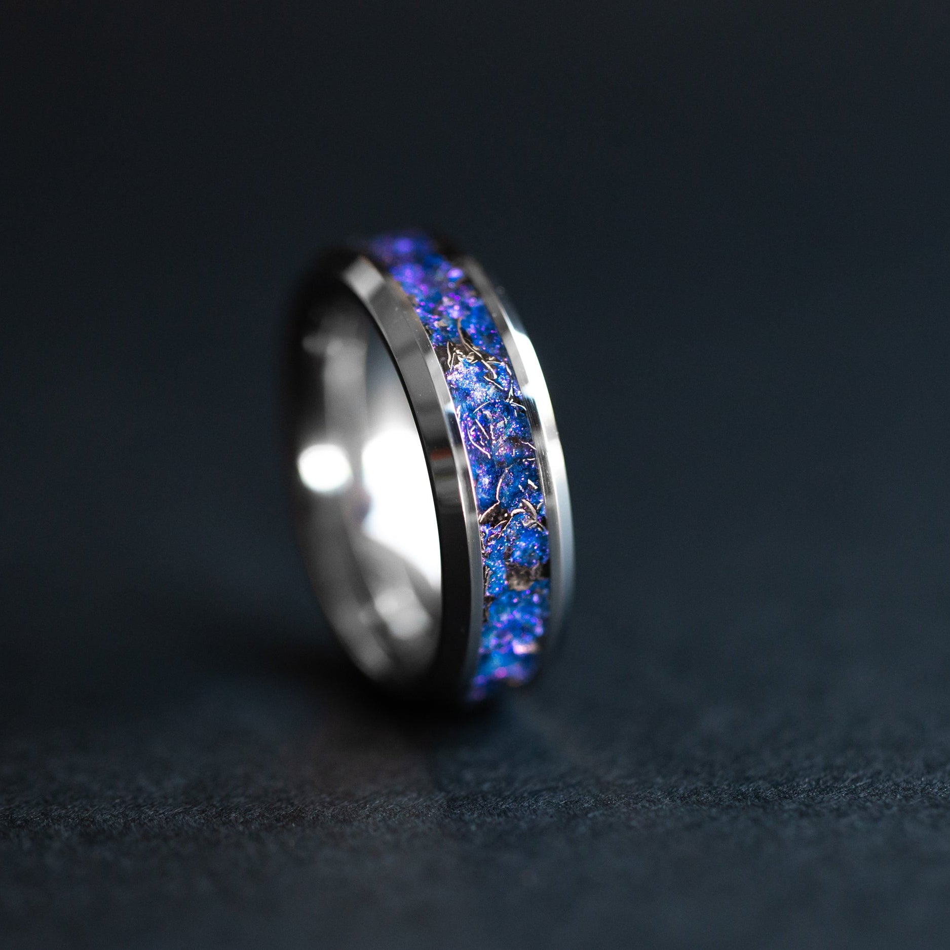 Handcrafted 6mm beveled tungsten mens wedding band with authentic Campo del Cielo meteorite and blue purple galaxy pigment inlay made in California